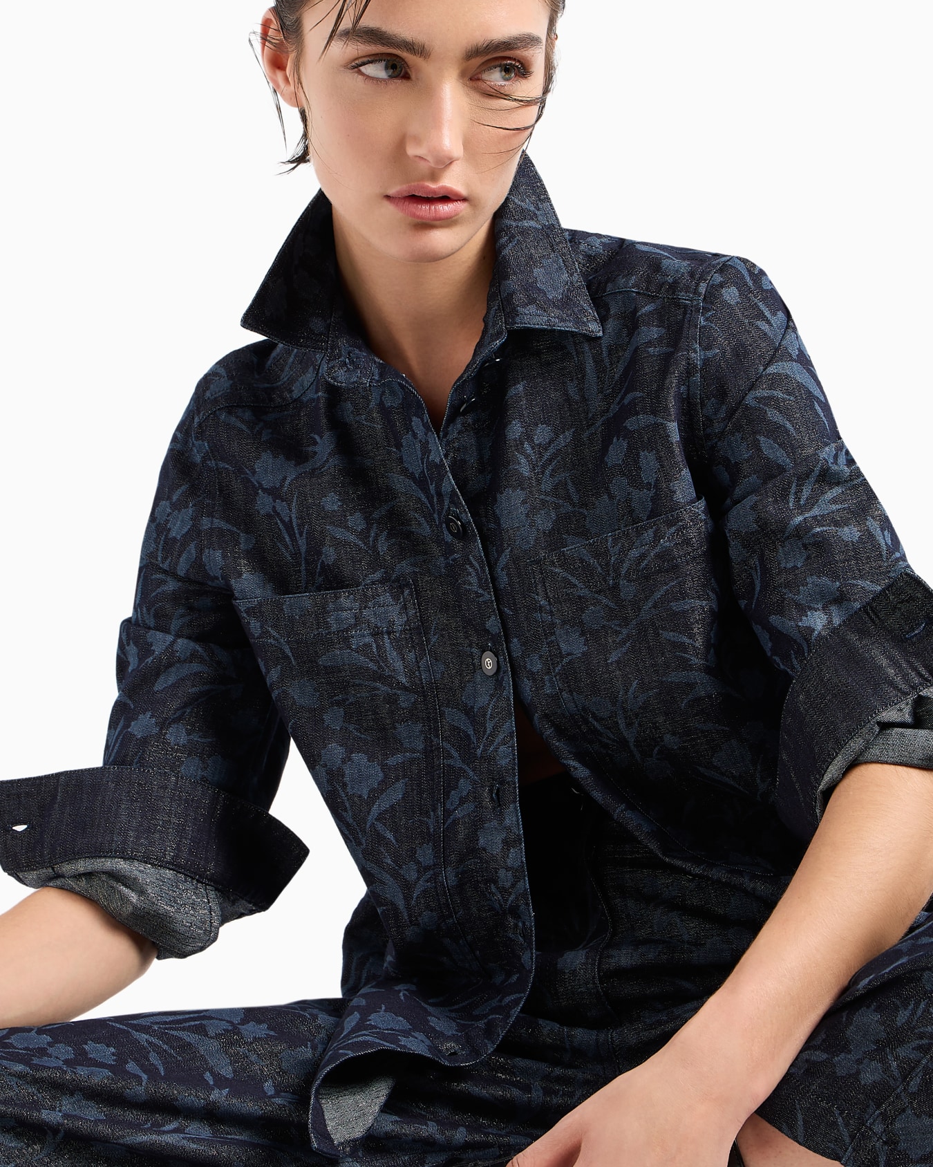 Denim Collection five-pocket wide leg trousers in cotton, viscose and lurex denim with floral motif Slide 5