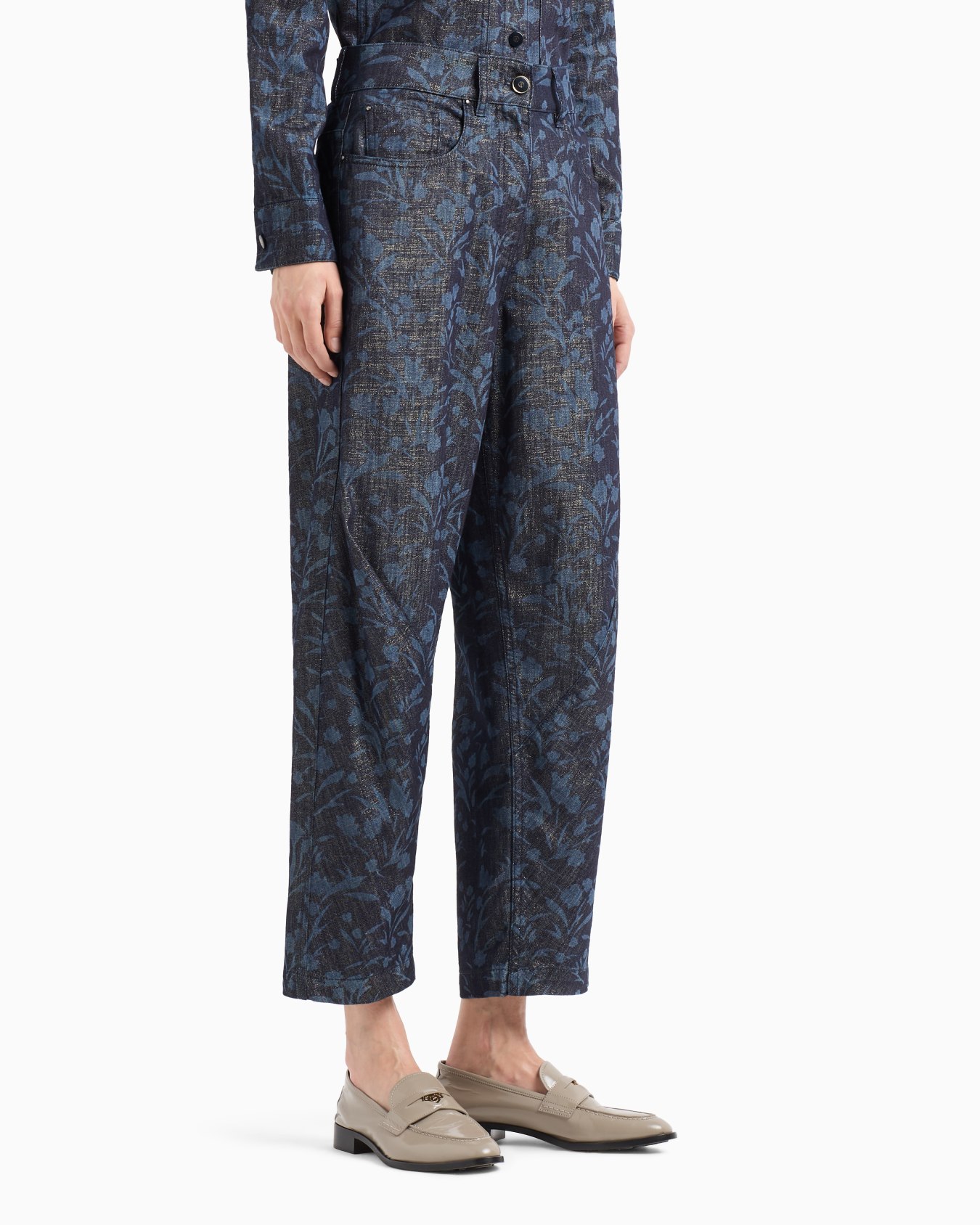 Denim Collection five-pocket wide leg trousers in cotton, viscose and lurex denim with floral motif Slide 1