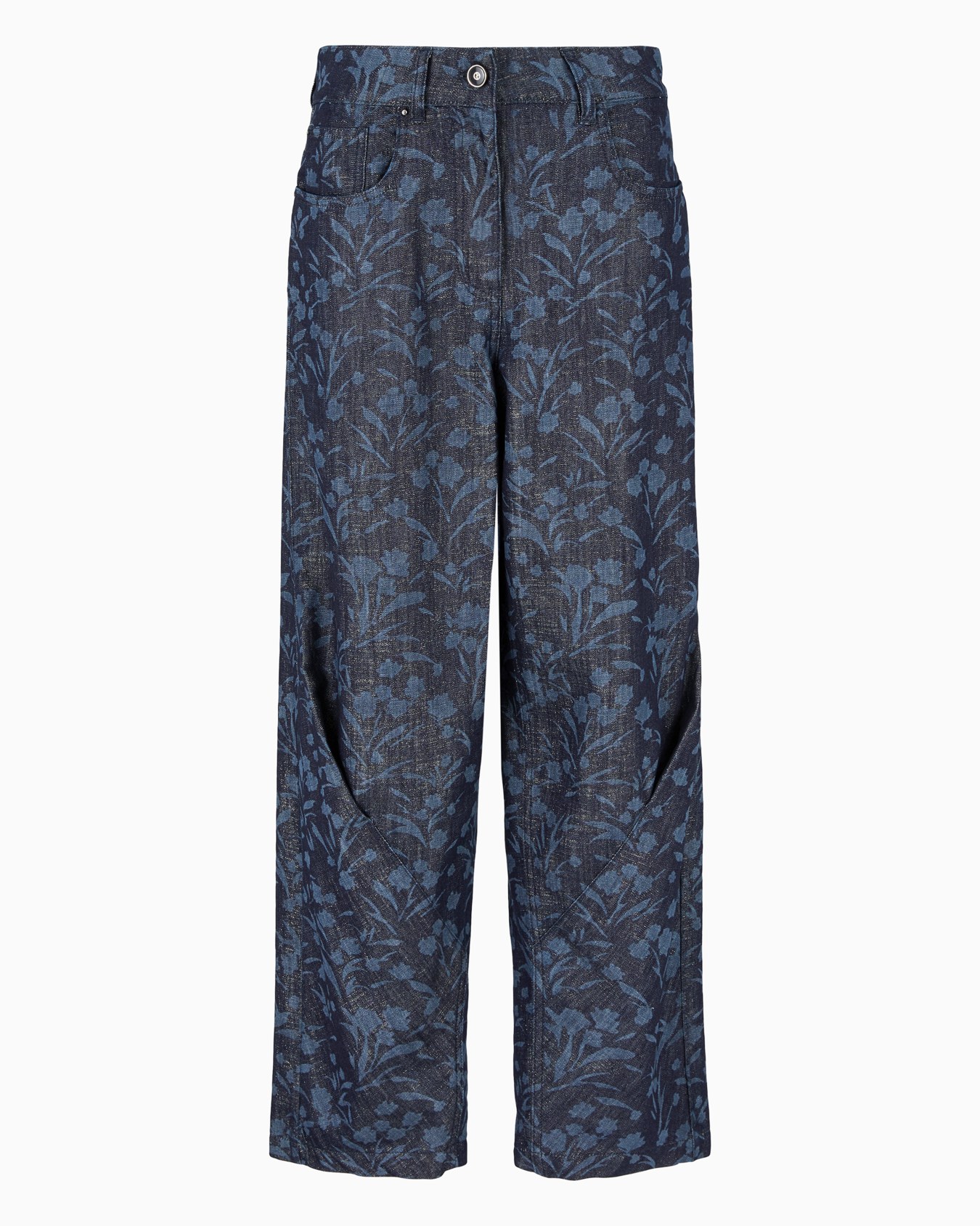 Denim Collection five-pocket wide leg trousers in cotton, viscose and lurex denim with floral motif Slide 0
