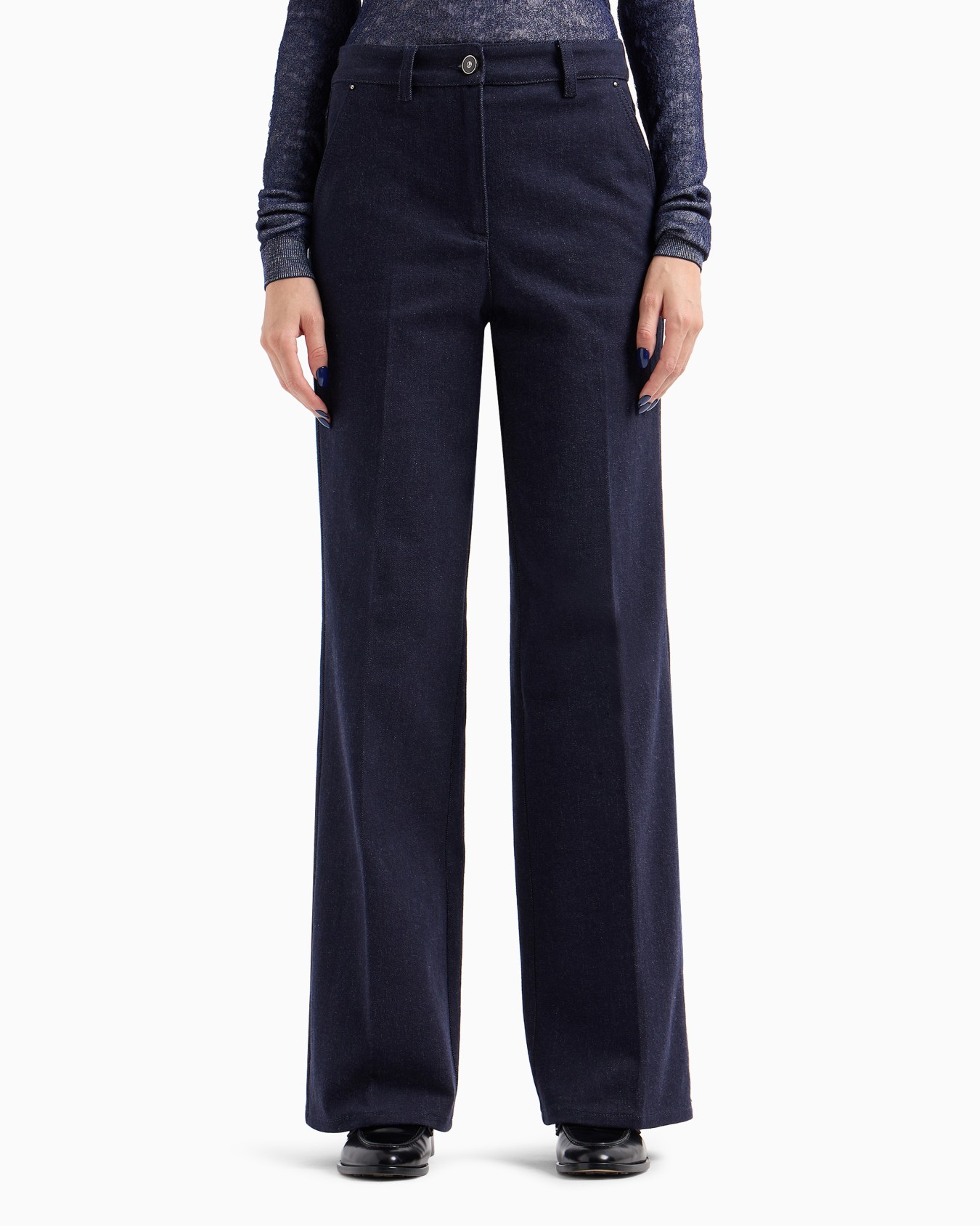 Denim Collection palazzo-style five-pocket trousers in stretch denim Slide 1