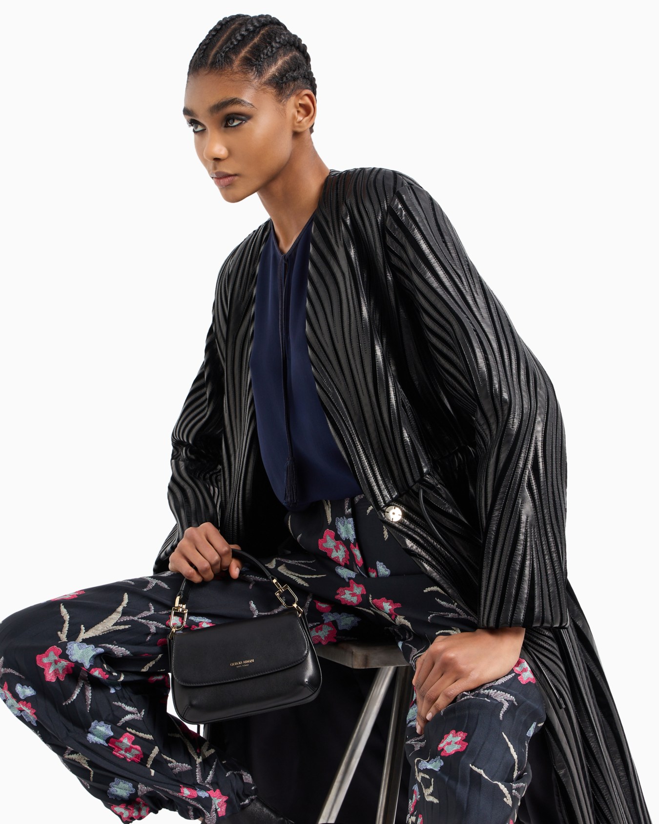 Embroidered nappa leather and velvet coat Slide 7