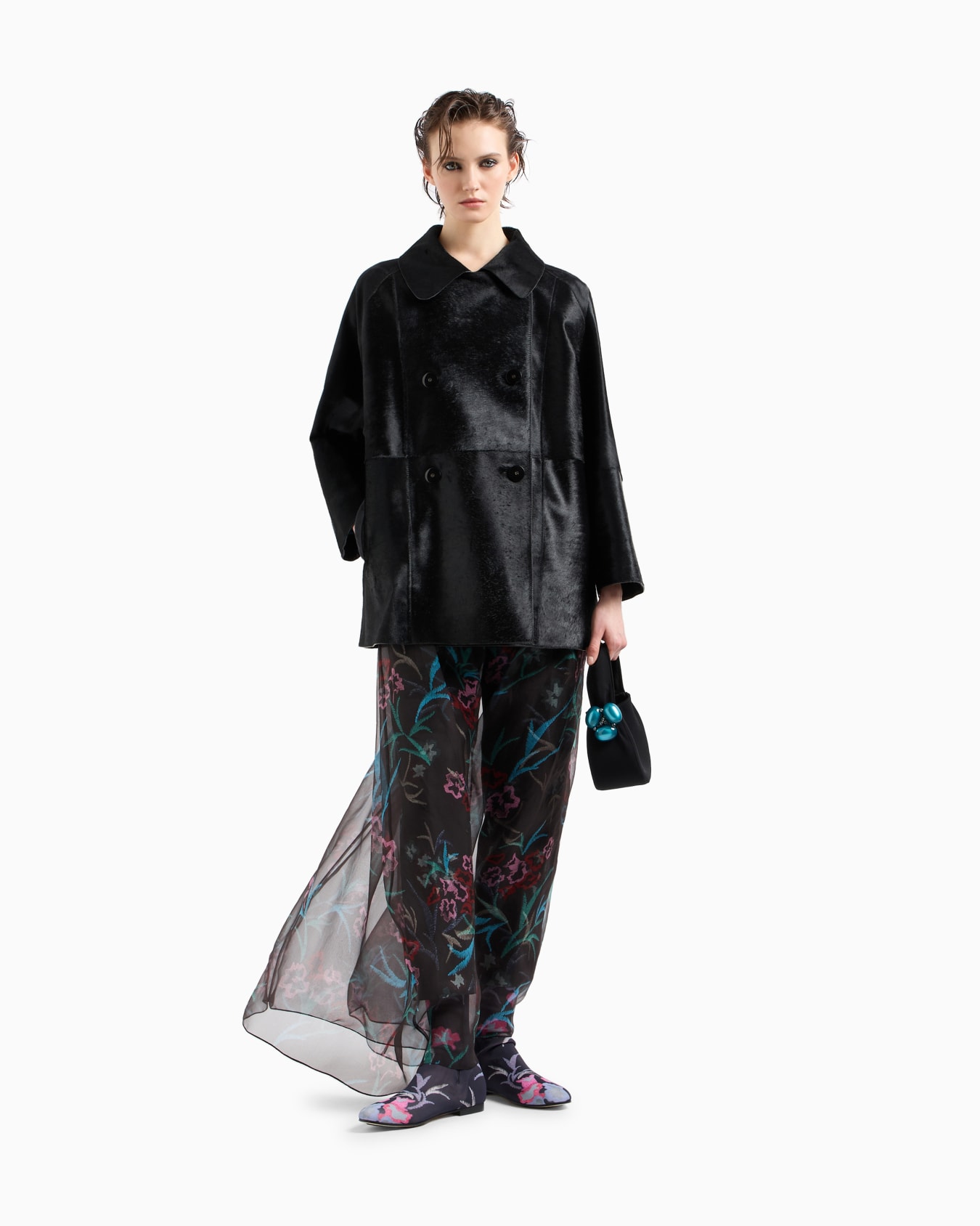 Pony skin-effect leather double-breasted pea coat Slide 1