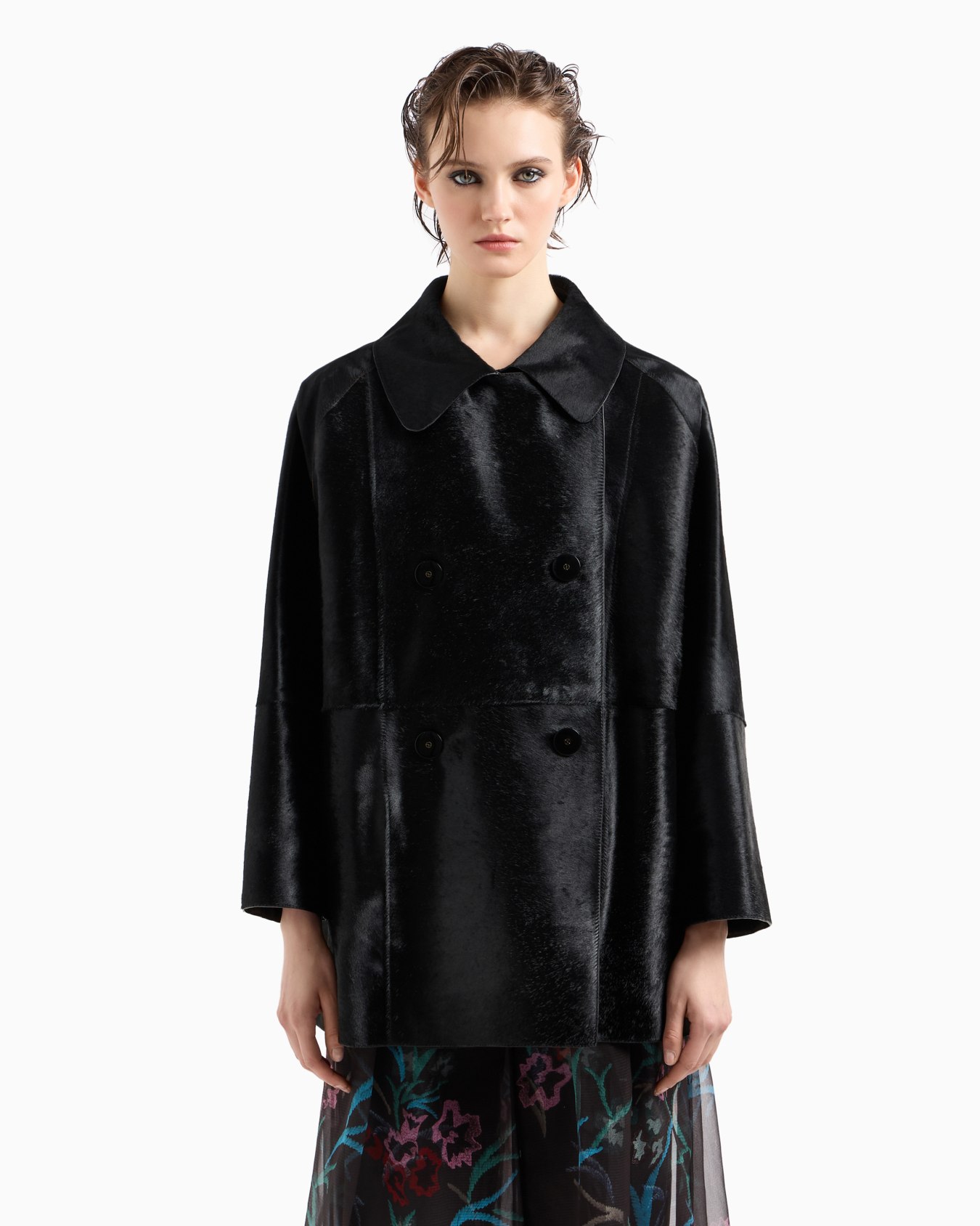 Pony skin-effect leather double-breasted pea coat Slide 3