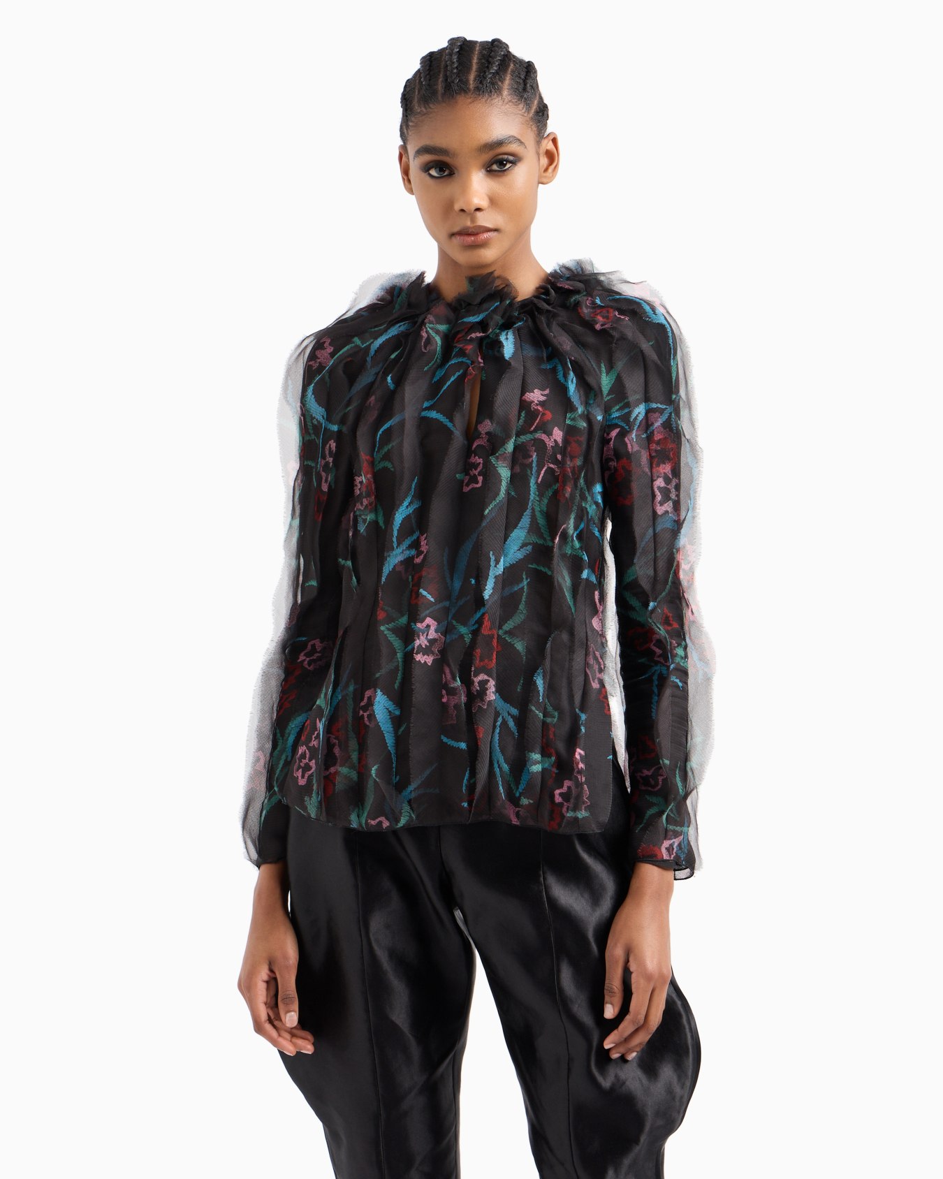 Camicia a maniche lunghe in organza di seta con stampa floreale Slide 2