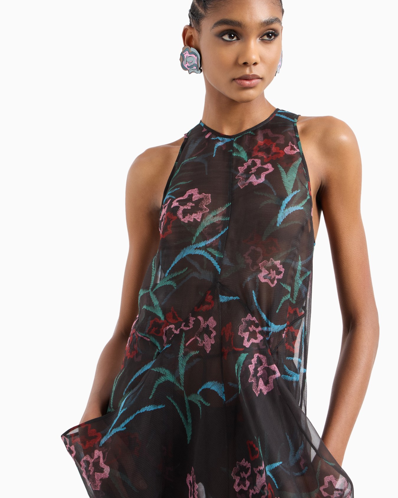 Long dress in silk organza with a floral print Slide 5