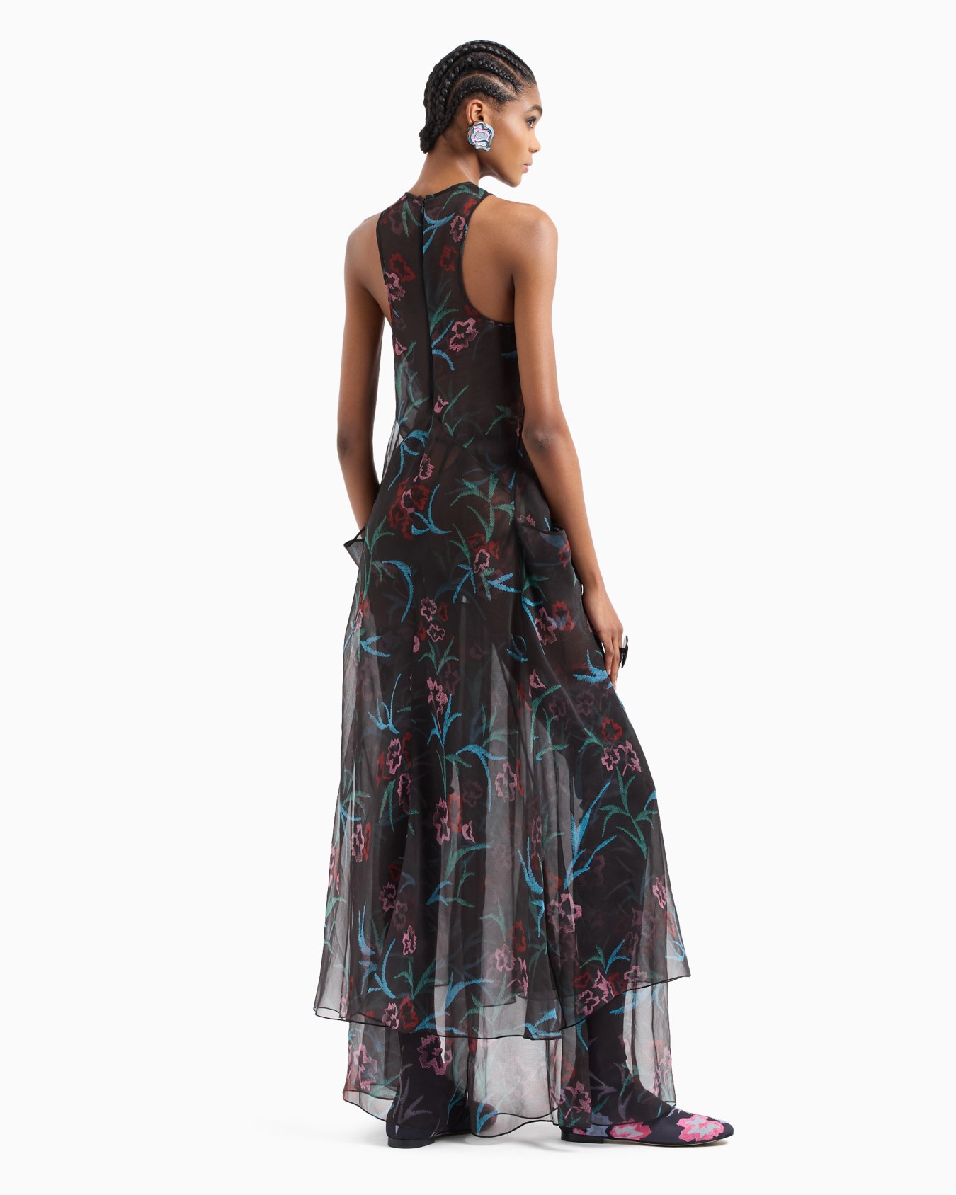 Long dress in silk organza with a floral print Slide 3