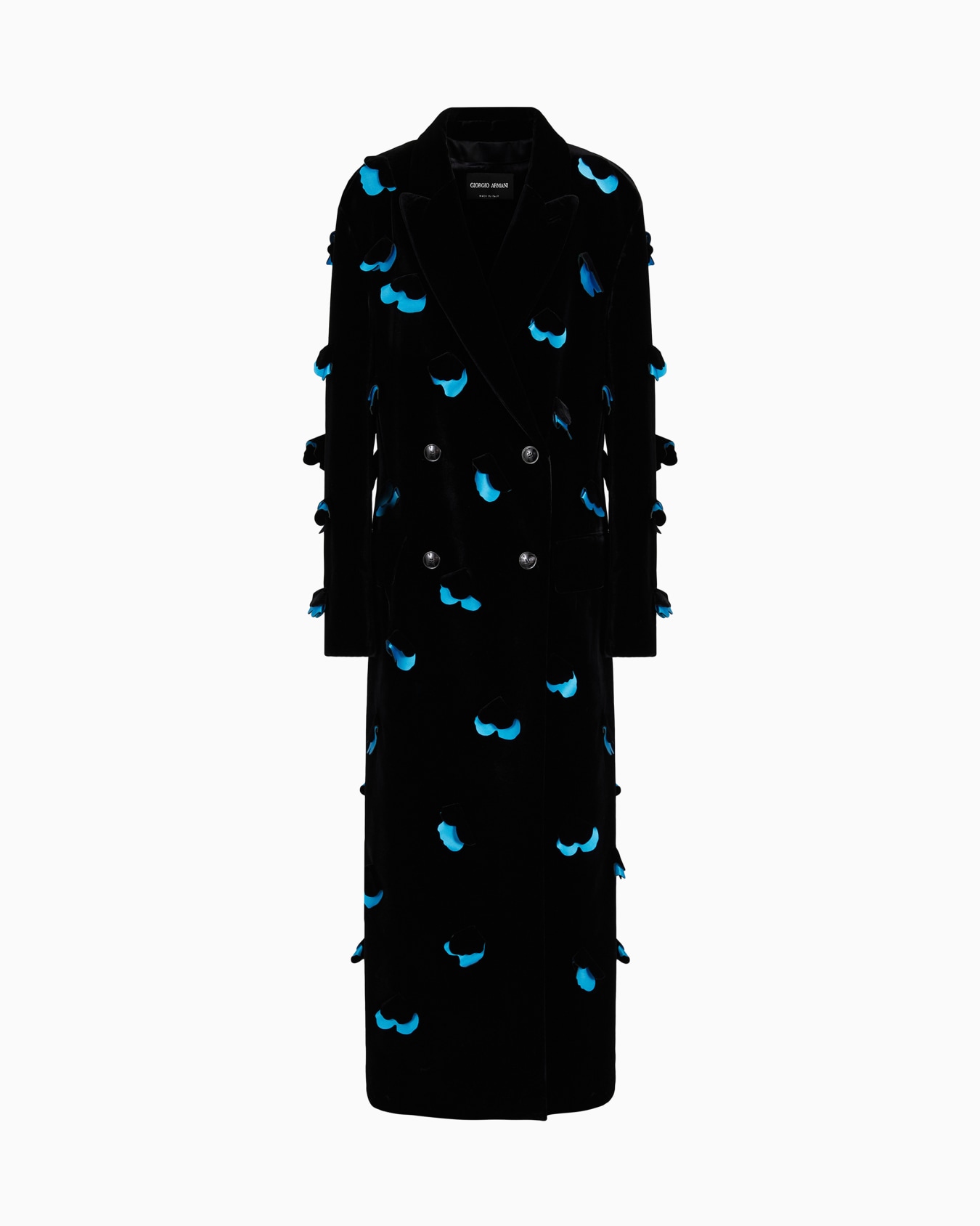 Long, velvet single-breasted coat with applied flowers Slide 0