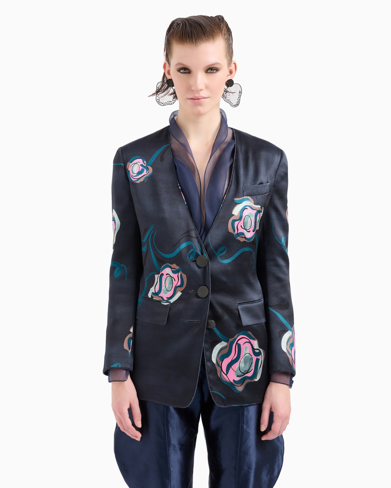 Single-breasted jacket in silk faille with a floral print Slide 1
