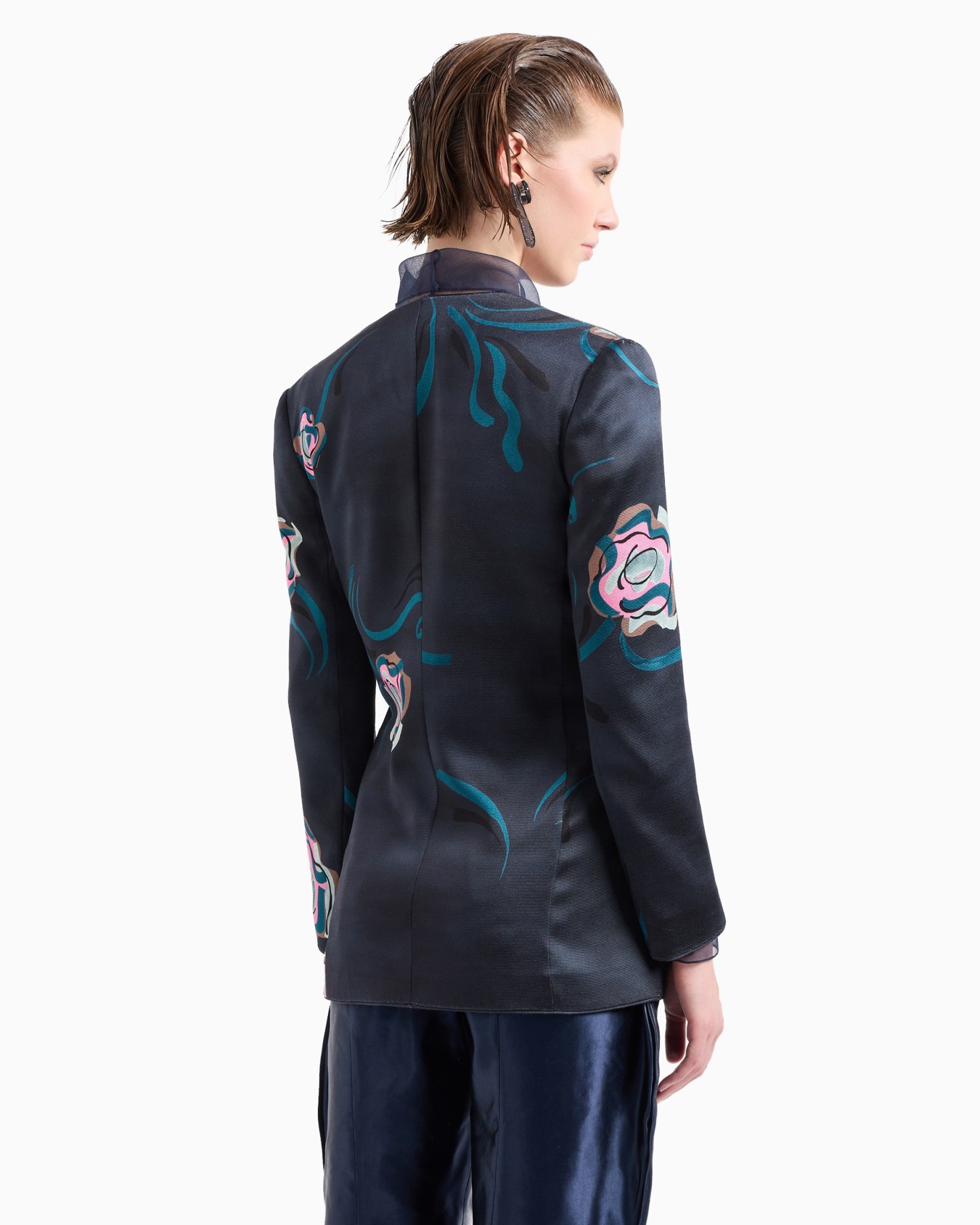 Single-breasted jacket in silk faille with a floral print Slide 2