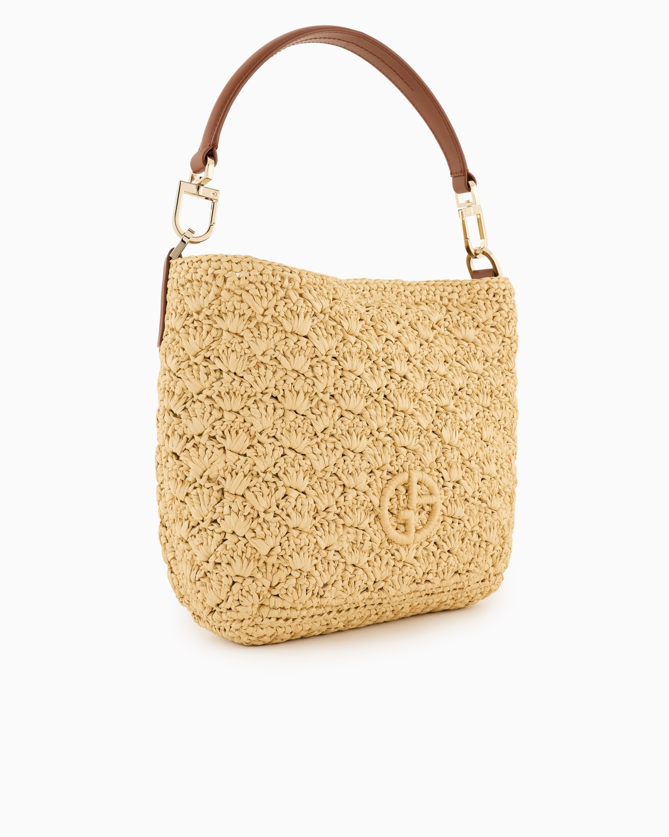 Small shoulder bag made of raffia fan stitch and leather Slide 1