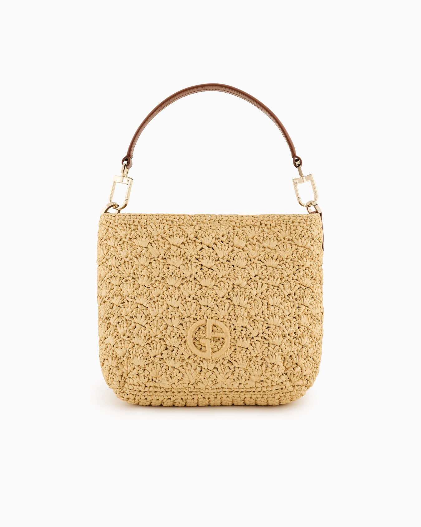 Small shoulder bag made of raffia fan stitch and leather Slide 0