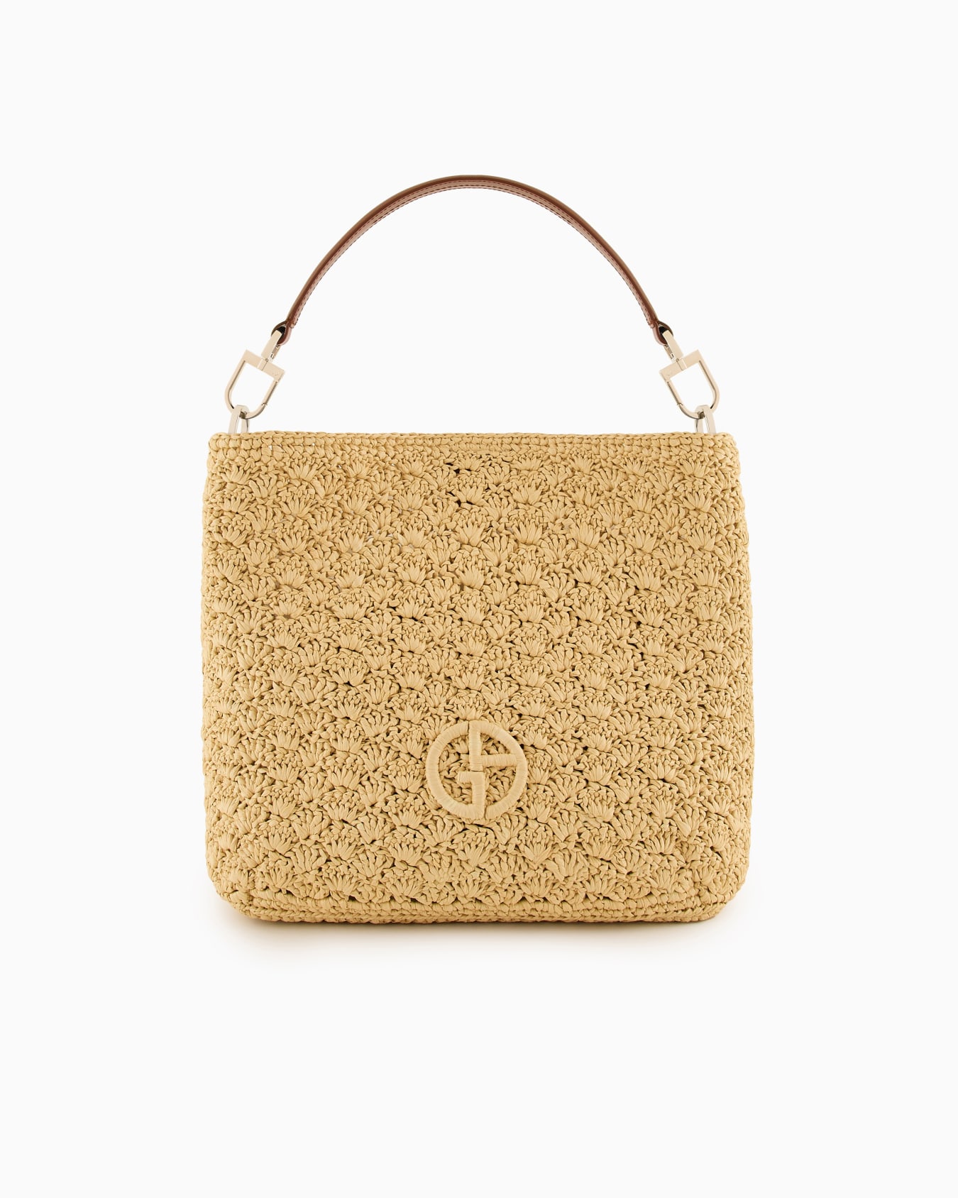 Medium shoulder bag made of raffia fan stitch and leather Slide 0