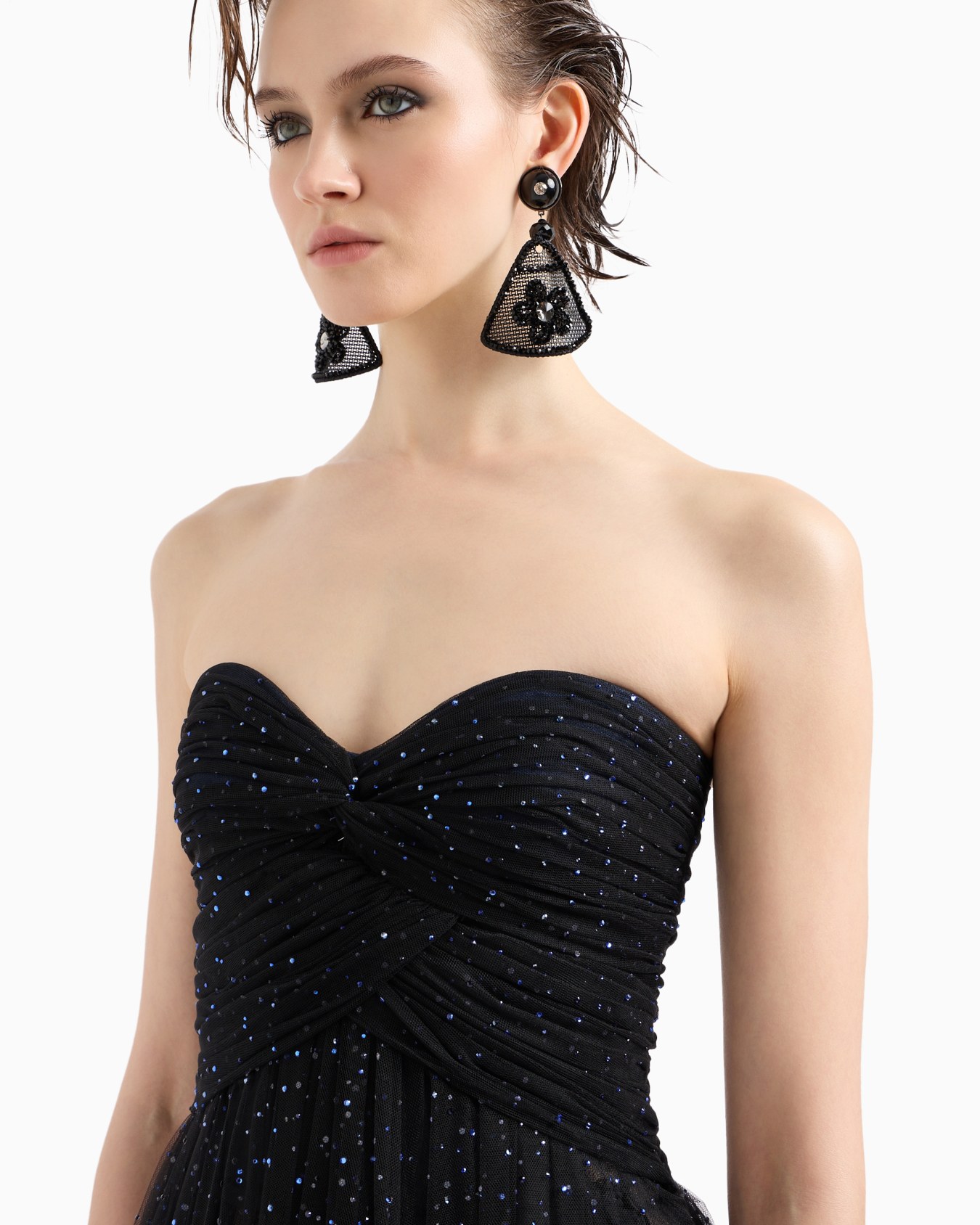 Abito lungo a bustier in tulle con ricamo strass Slide 5
