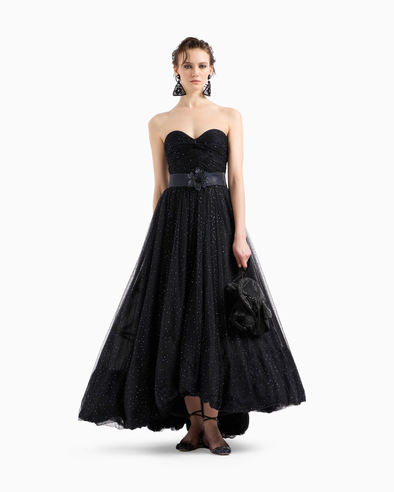 Abito lungo a bustier in tulle con ricamo strass Slide 2