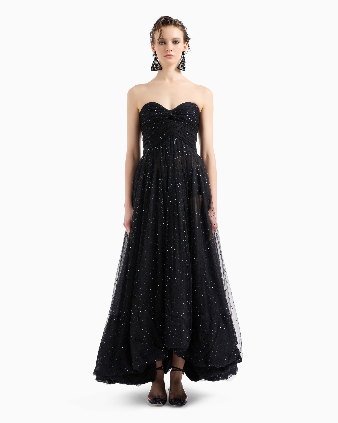 Abito lungo a bustier in tulle con ricamo strass Slide 4
