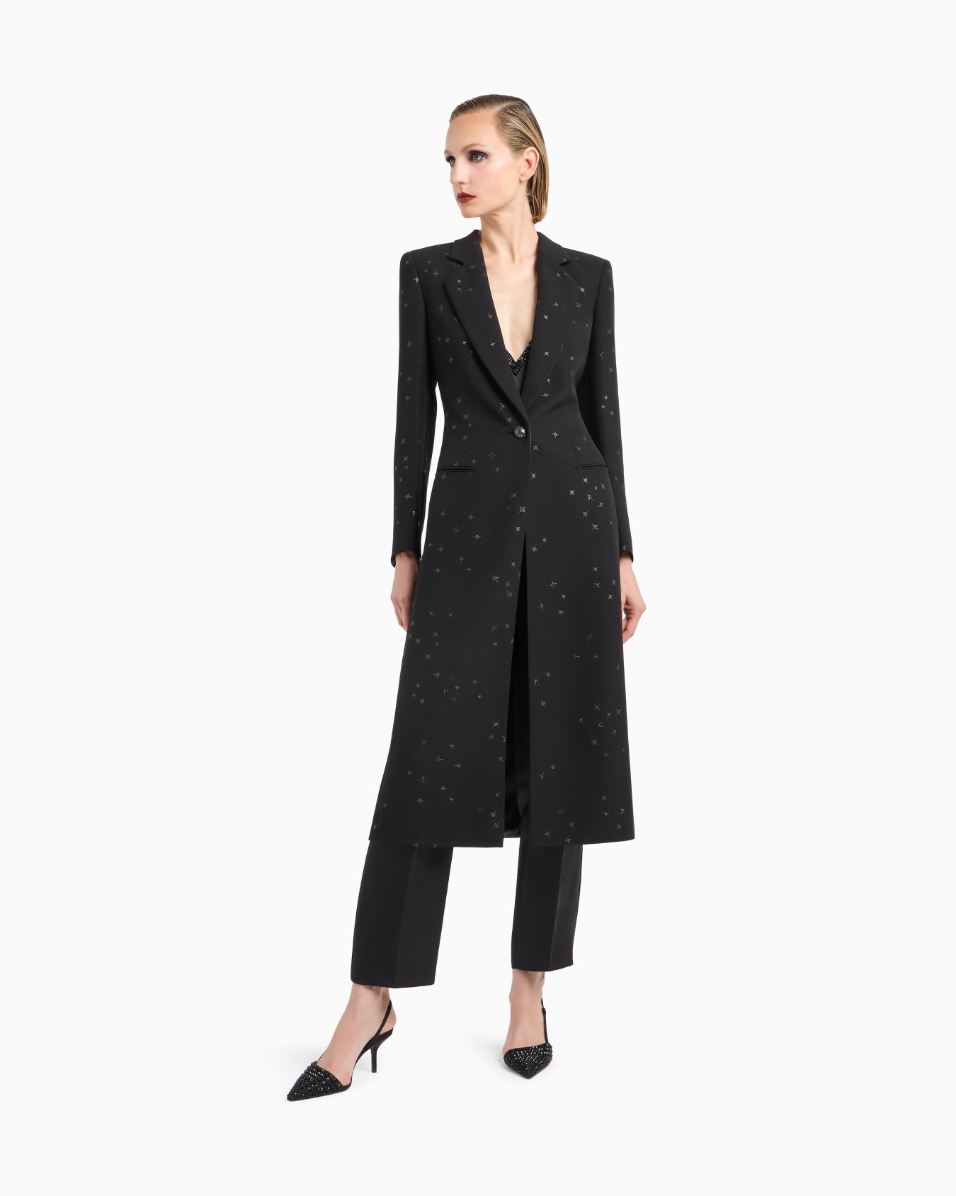 Silk cady long coat with glitter motif Slide 3