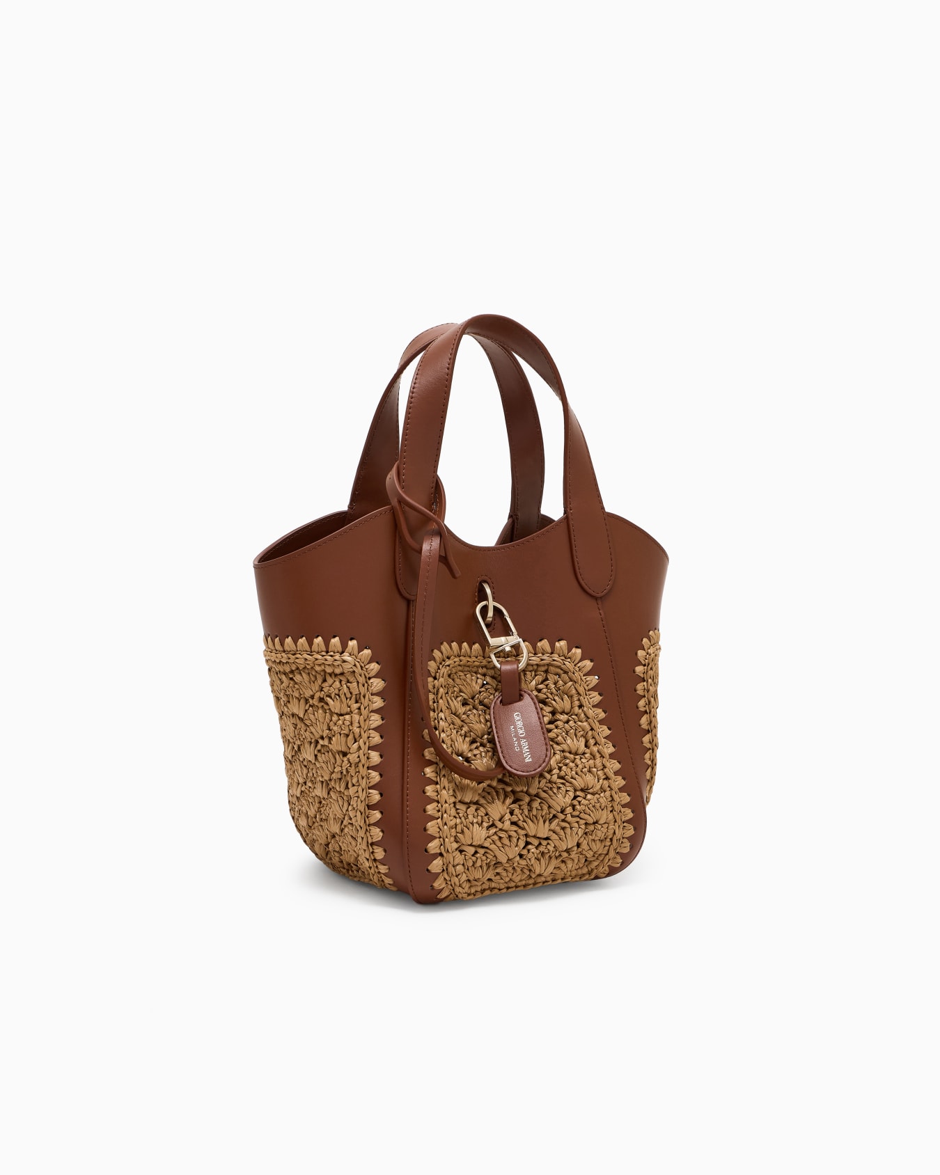 Small handbag in leather and fan-stitch raffia Slide 1