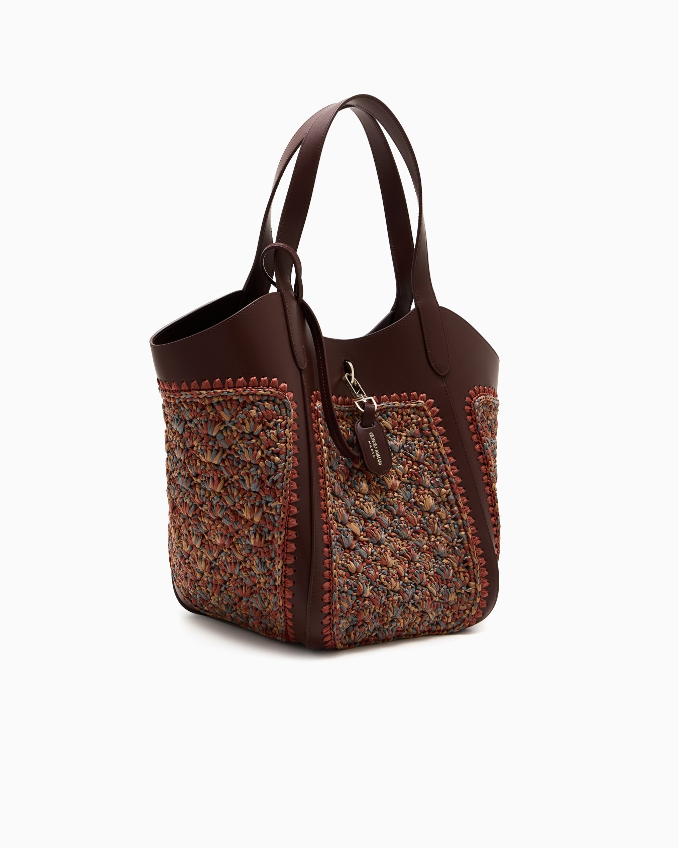 Medium handbag in leather and fan-stitch raffia Slide 1