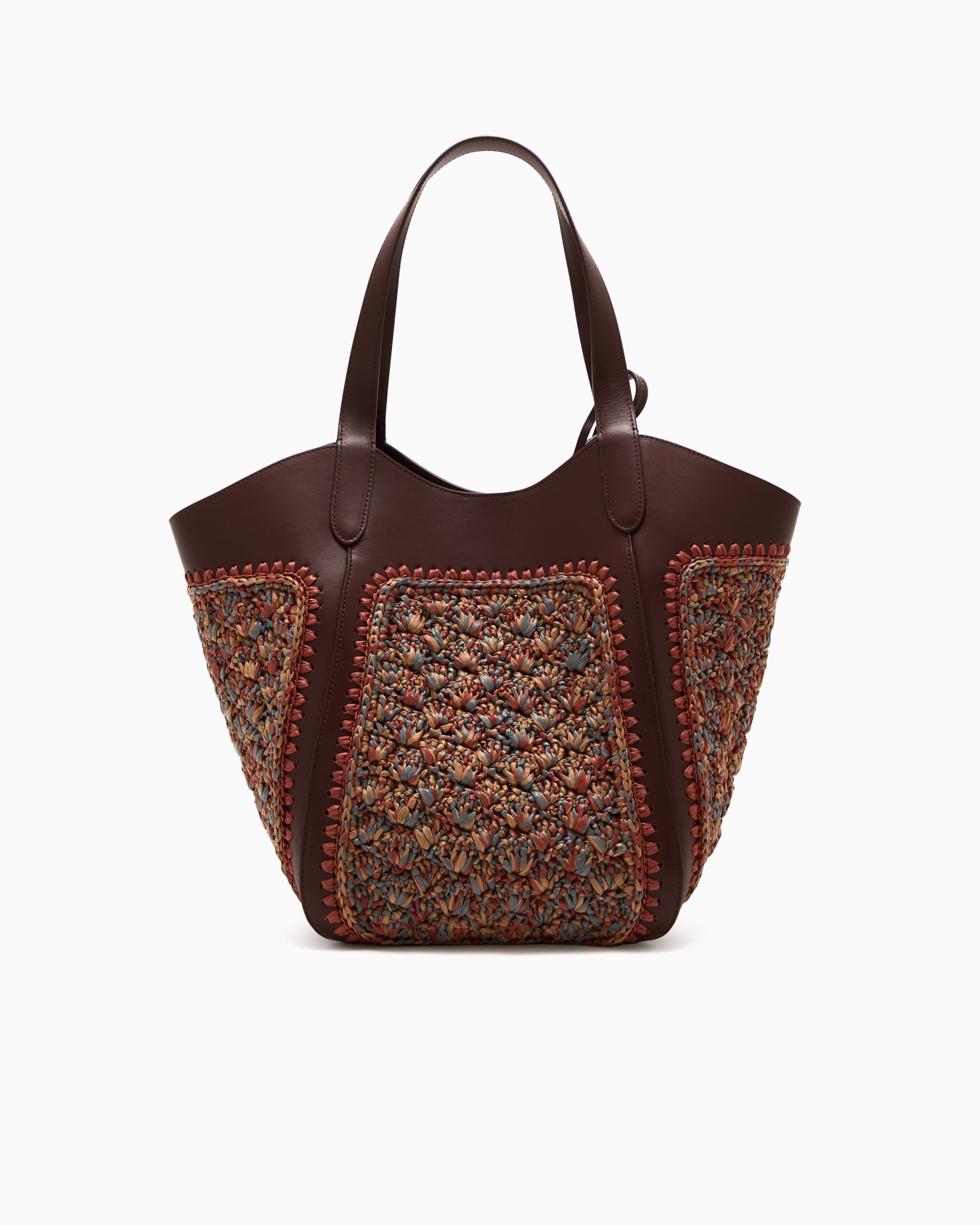 Medium handbag in leather and fan-stitch raffia Slide 2
