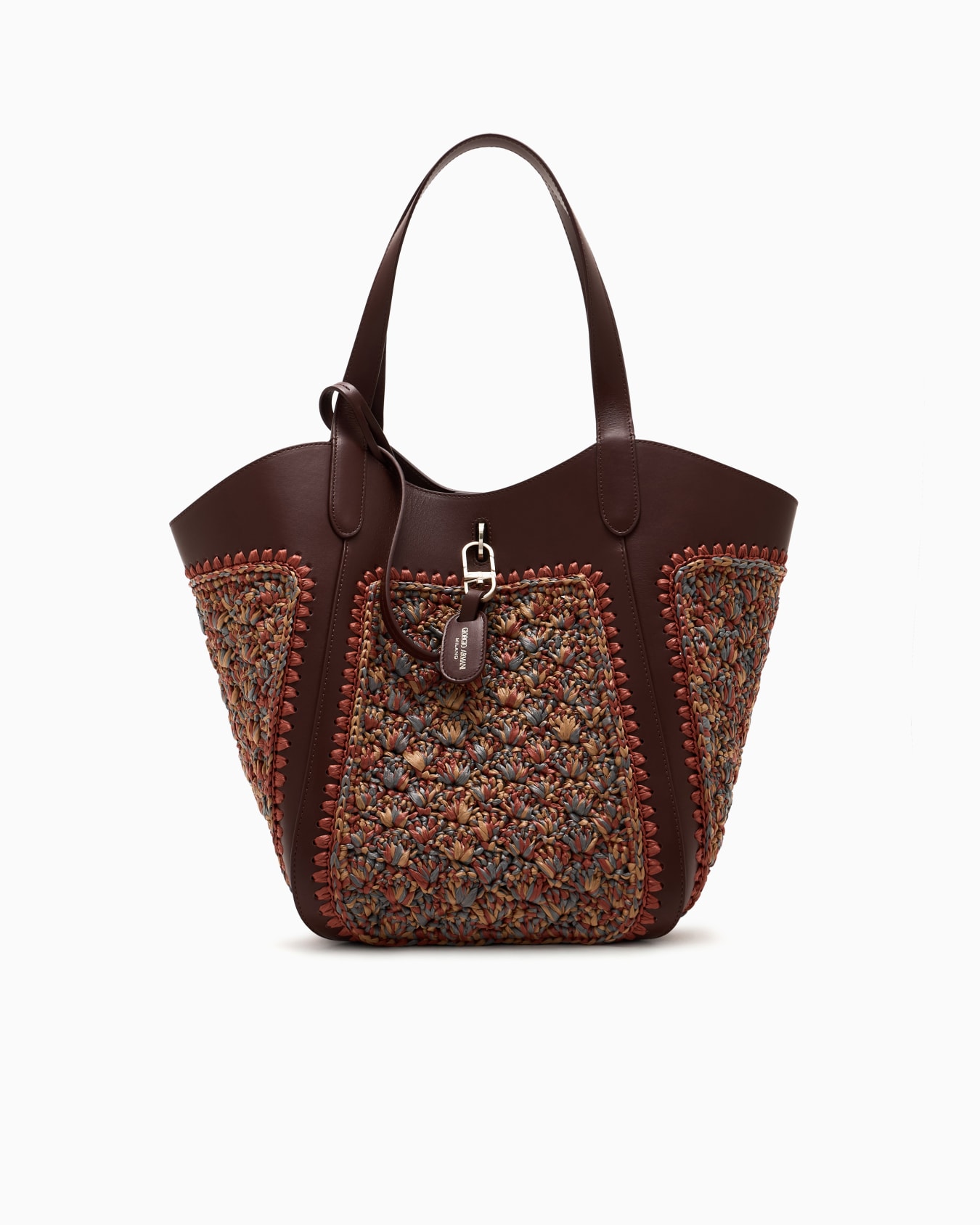 Medium handbag in leather and fan-stitch raffia Slide 0