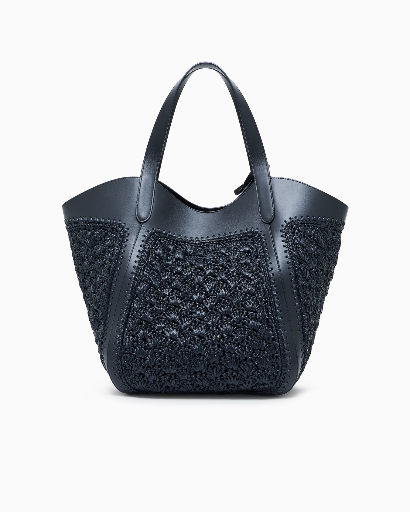 Bolso de mano grande en piel y rafia punto abanico Diapositiva 2