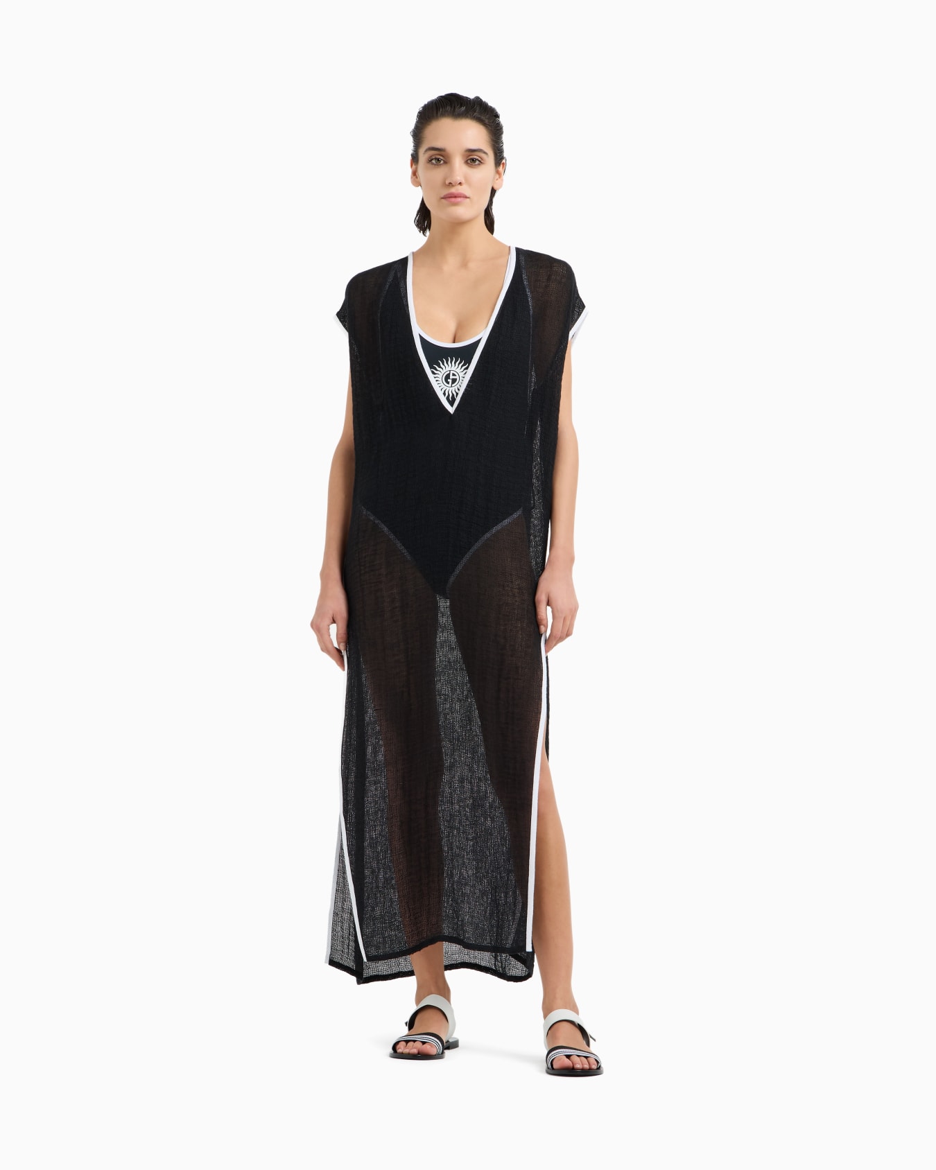 Linen-blend mesh long dress Slide 1