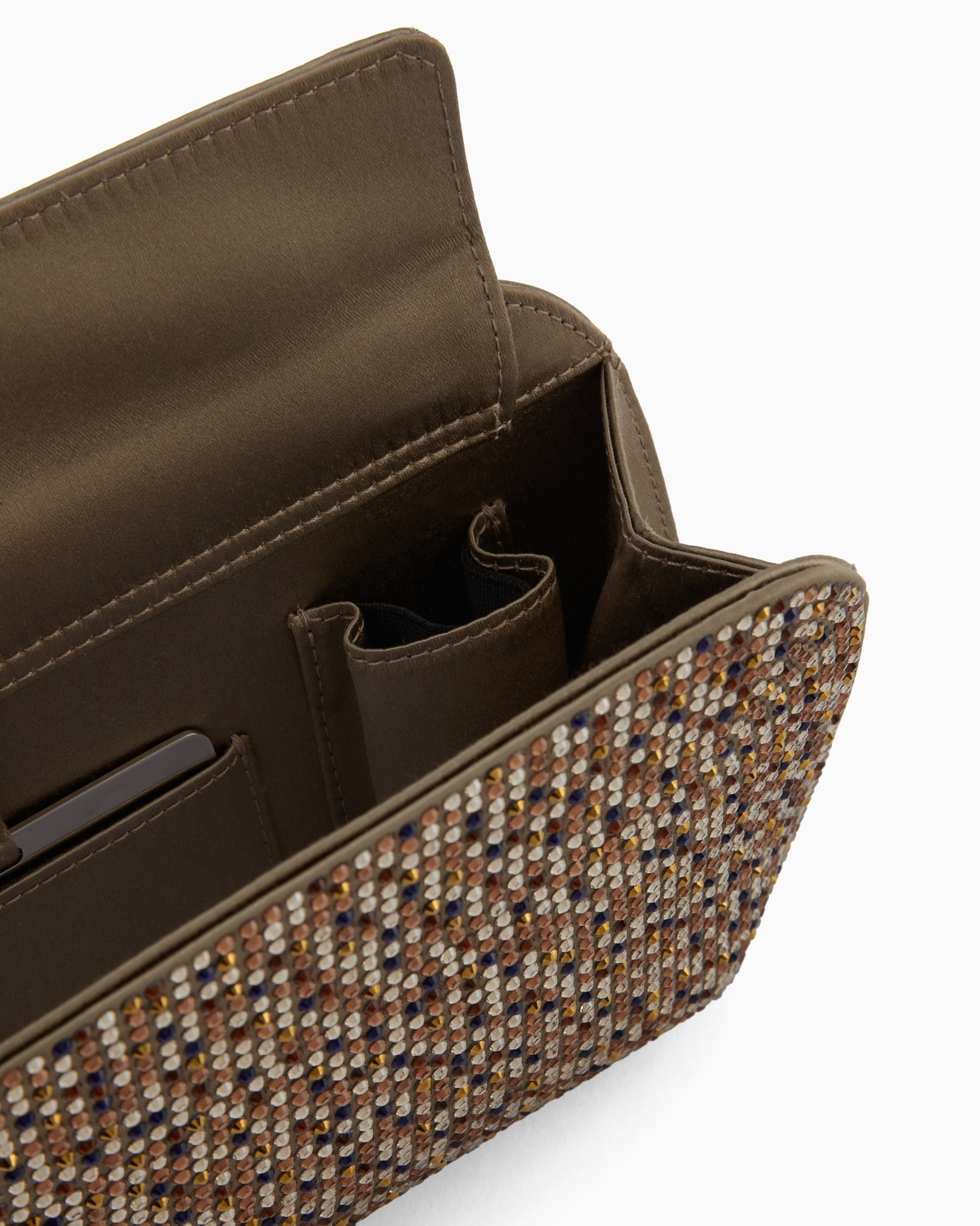 La Prima satin and multicoloured rhinestone clutch bag Slide 3
