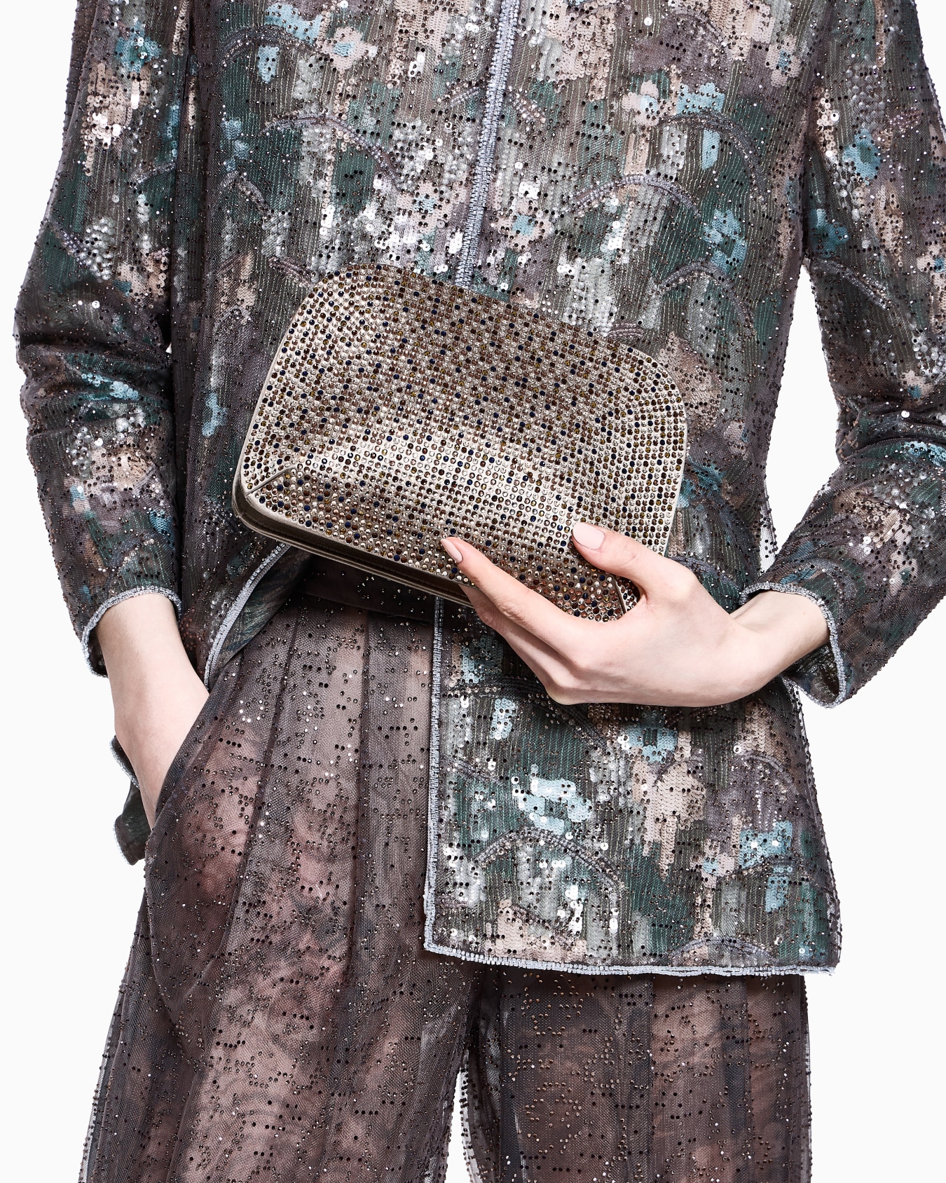 La Prima satin and multicoloured rhinestone clutch bag Slide 5