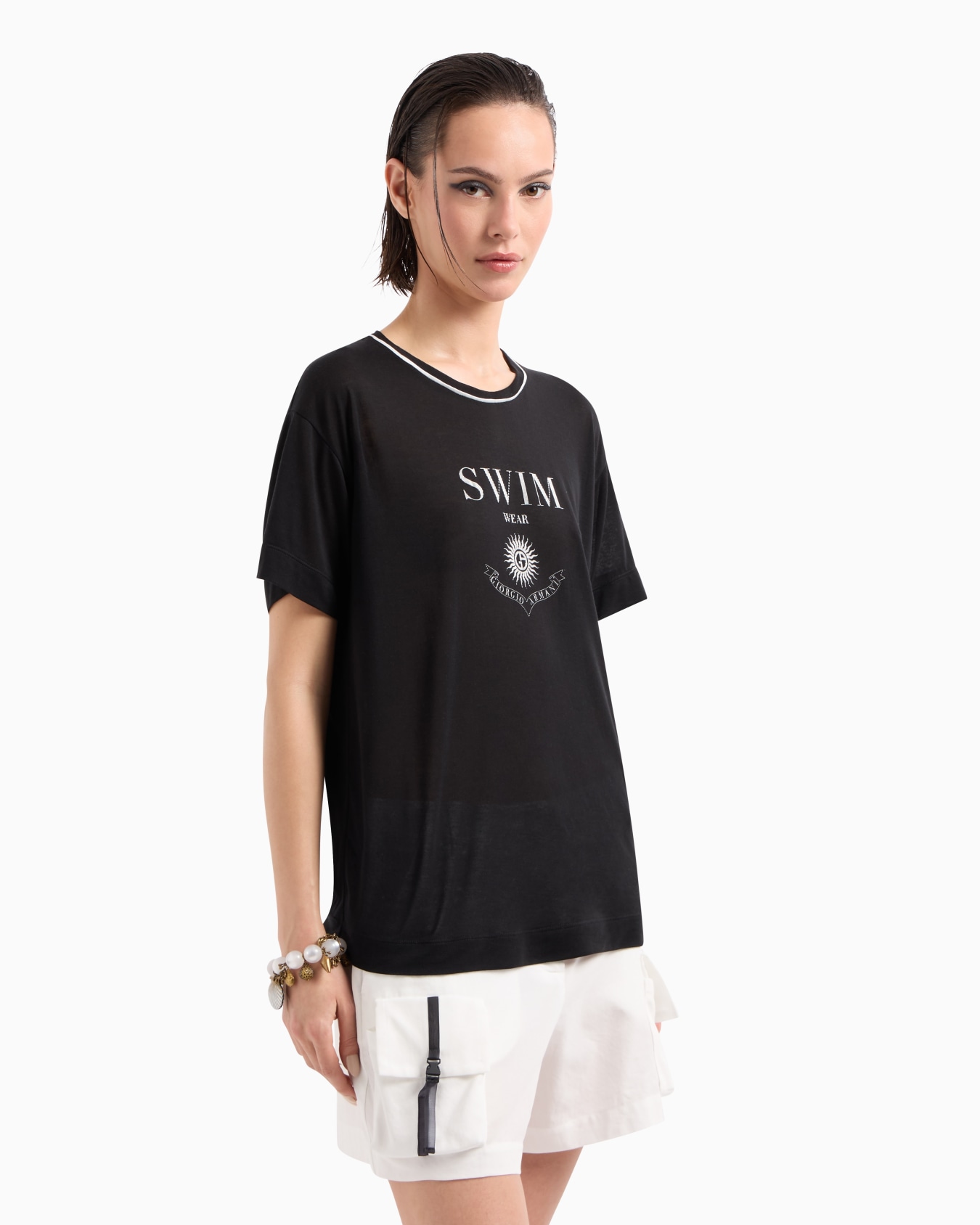 T-Shirt mit Rundhalsausschnitt aus Lyocell und bedruckter Seide Folie 3