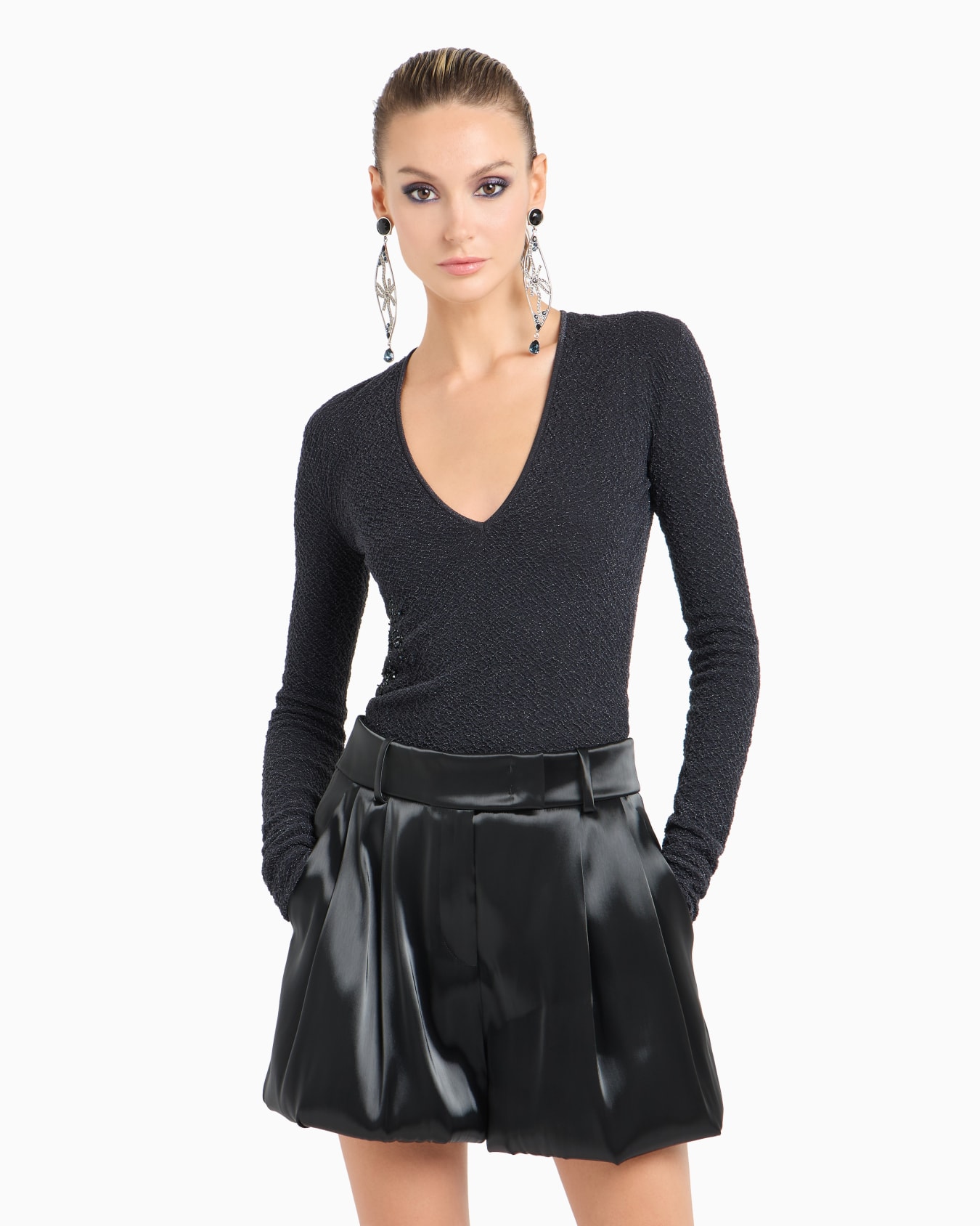 V-neck jumper in embossed metallic viscose with embroidery Slide 3