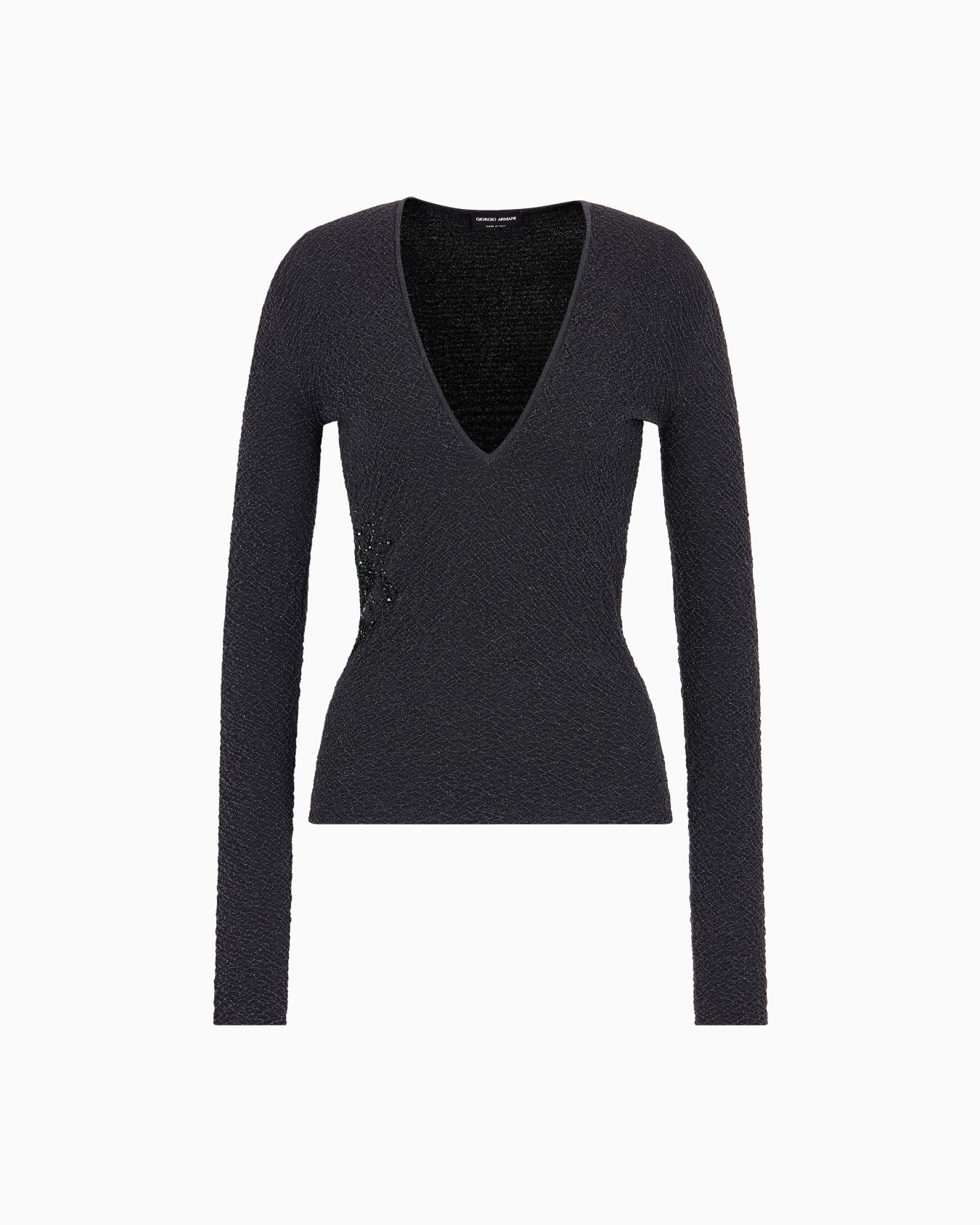V-neck jumper in embossed metallic viscose with embroidery Slide 0