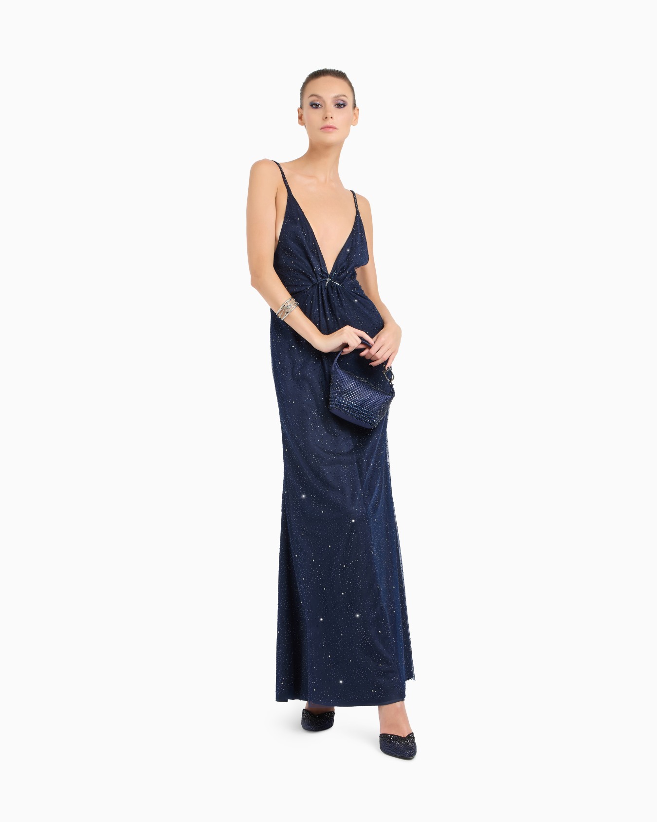 Silk blend long dress with rhinestone embroidery Slide 1