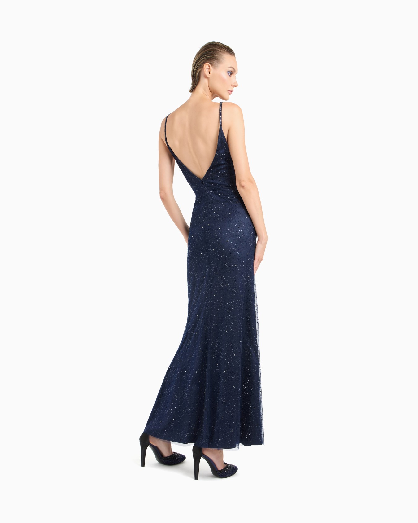 Silk blend long dress with rhinestone embroidery Slide 2