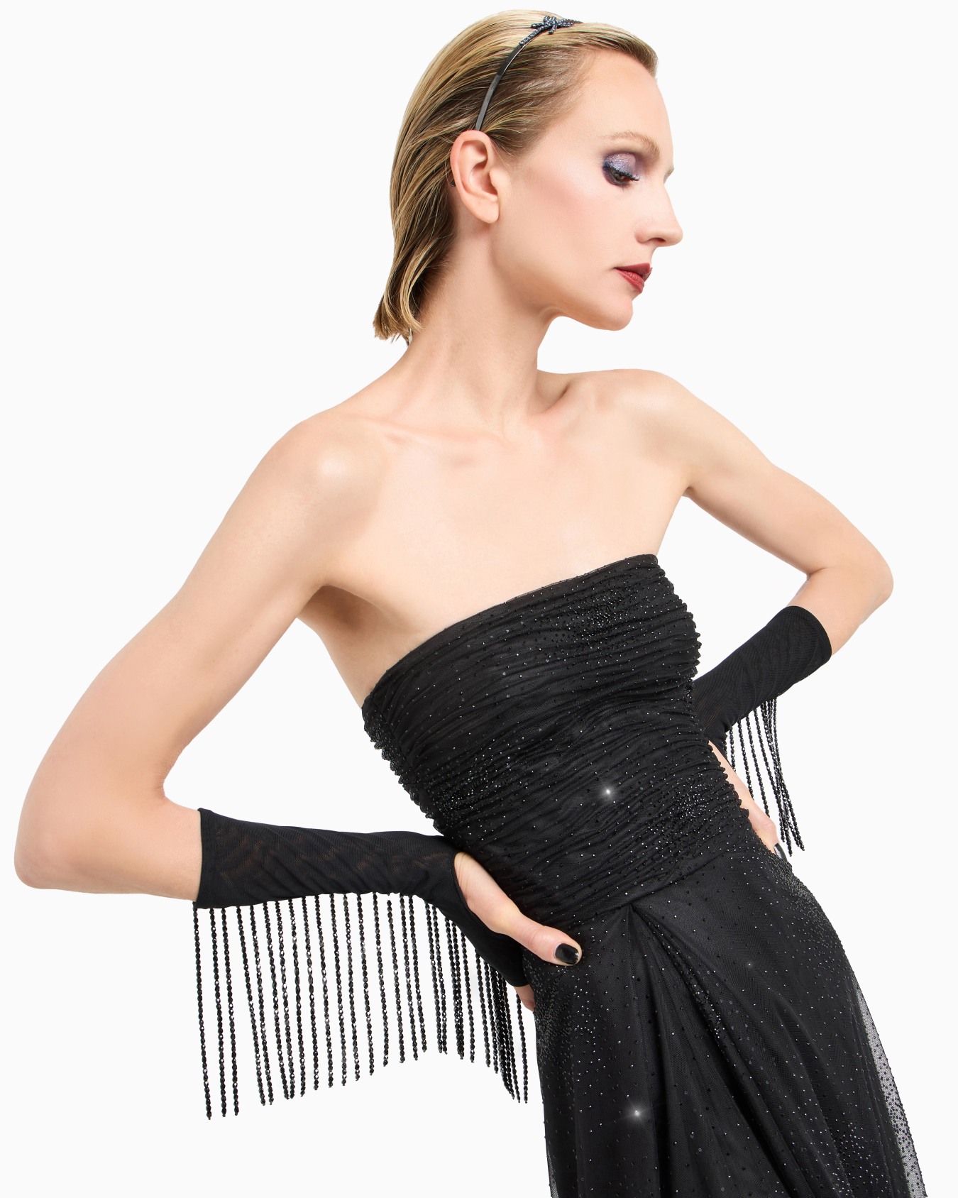 Silk blend long bustier dress with rhinestone embroidery Slide 5