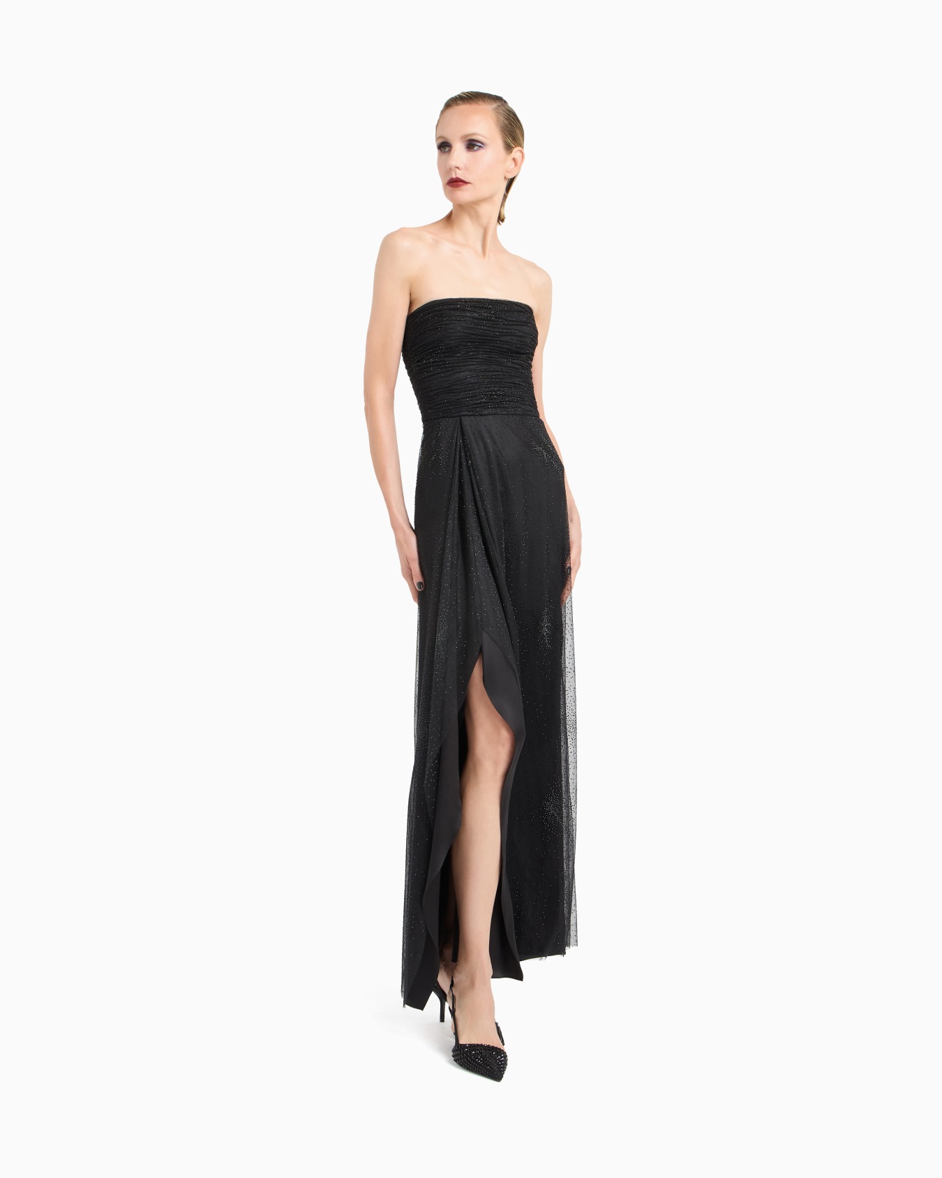 Silk blend long bustier dress with rhinestone embroidery Slide 3