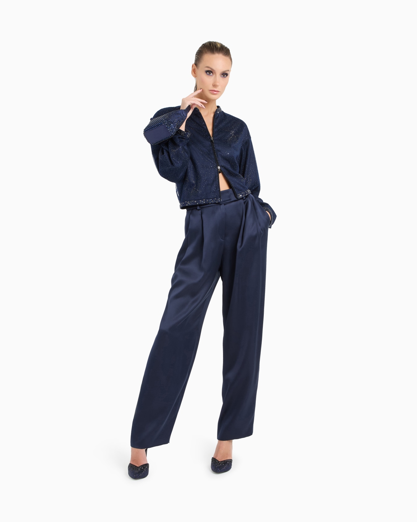 Silk blouson with rhinestone embroidery Slide 1