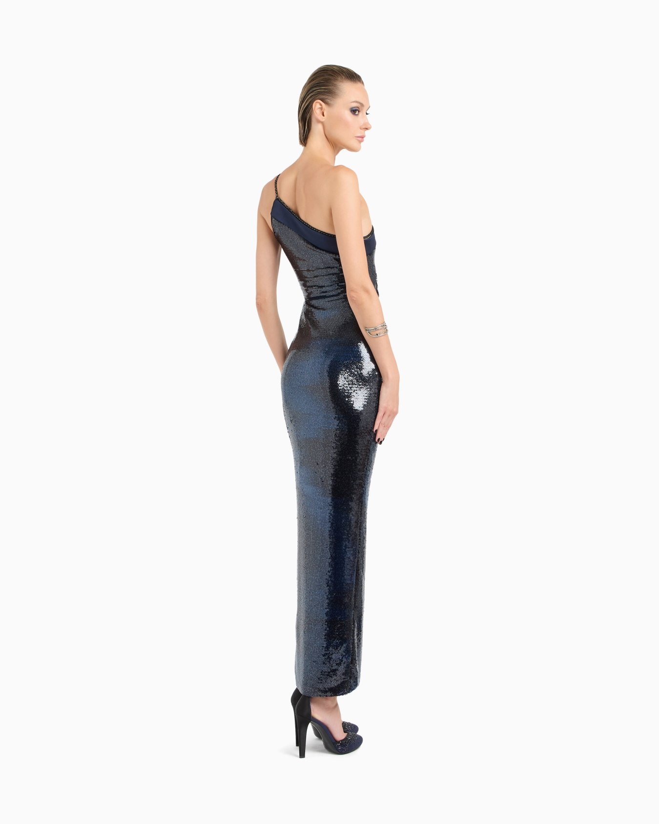 One-shoulder long tulle dress with sequin embroidery Slide 2