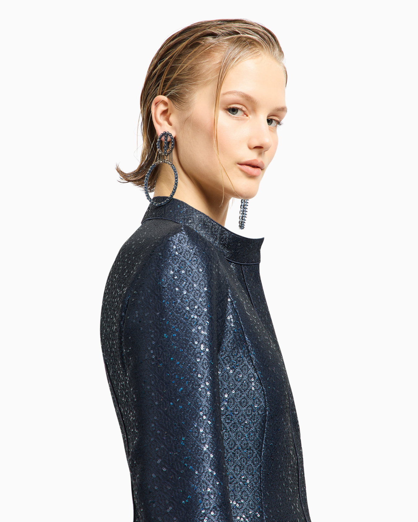 Giacca monopetto in tessuto jacquard con ricamo paillettes Slide 4