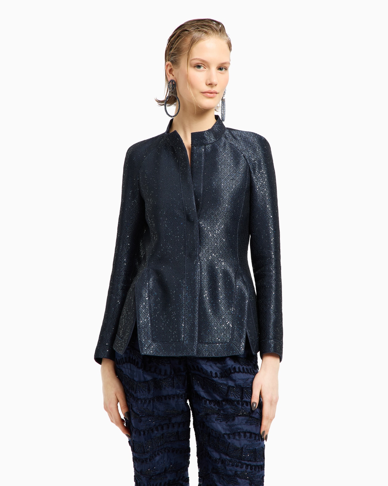 Giacca monopetto in tessuto jacquard con ricamo paillettes Slide 3