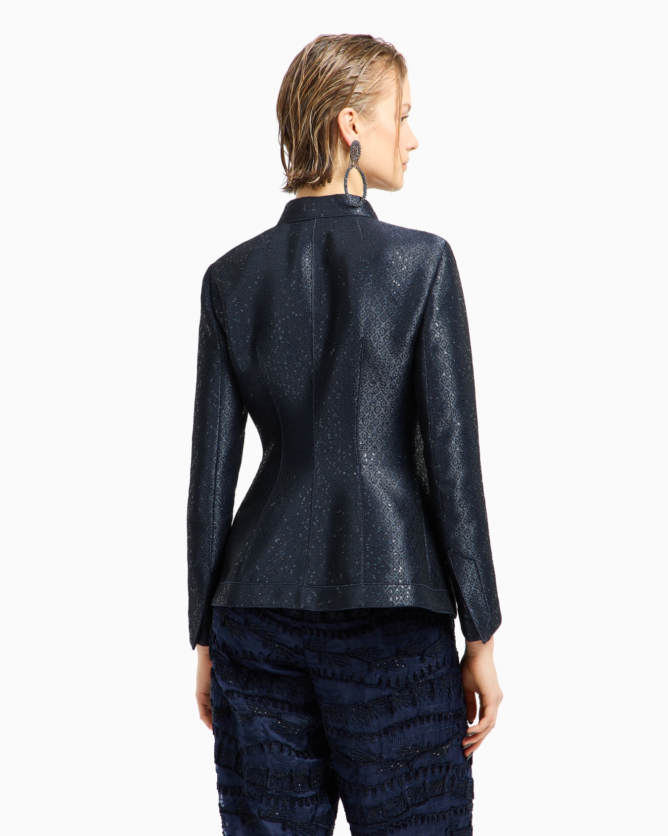 Giacca monopetto in tessuto jacquard con ricamo paillettes Slide 2