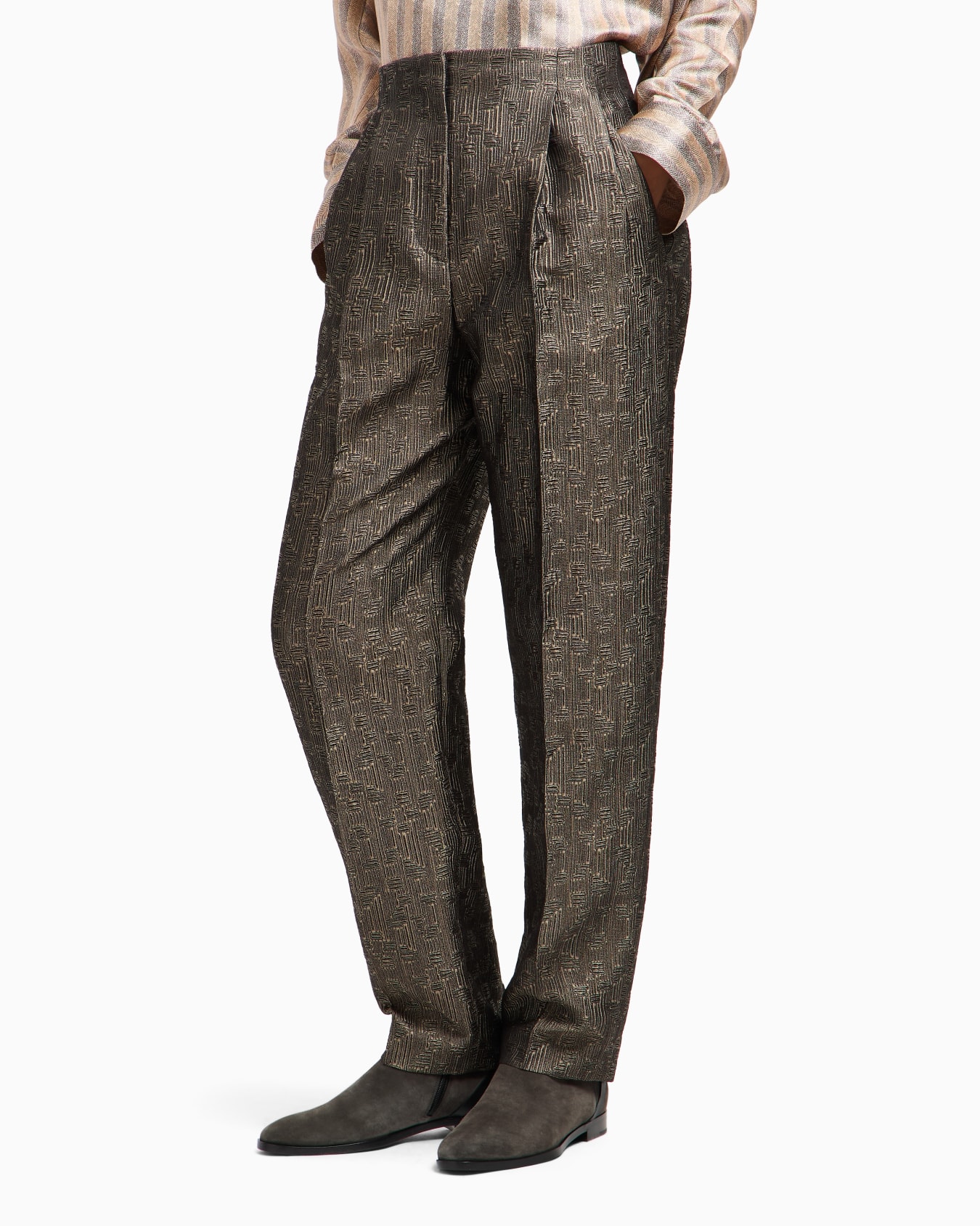 Pantaloni a una pince in seta e lana jacquard Slide 4