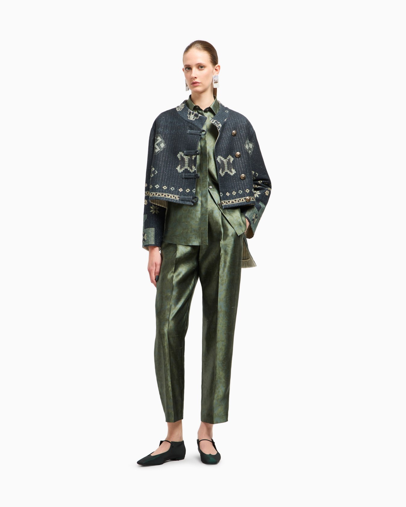 Printed tussah silk and cotton pea coat Slide 1