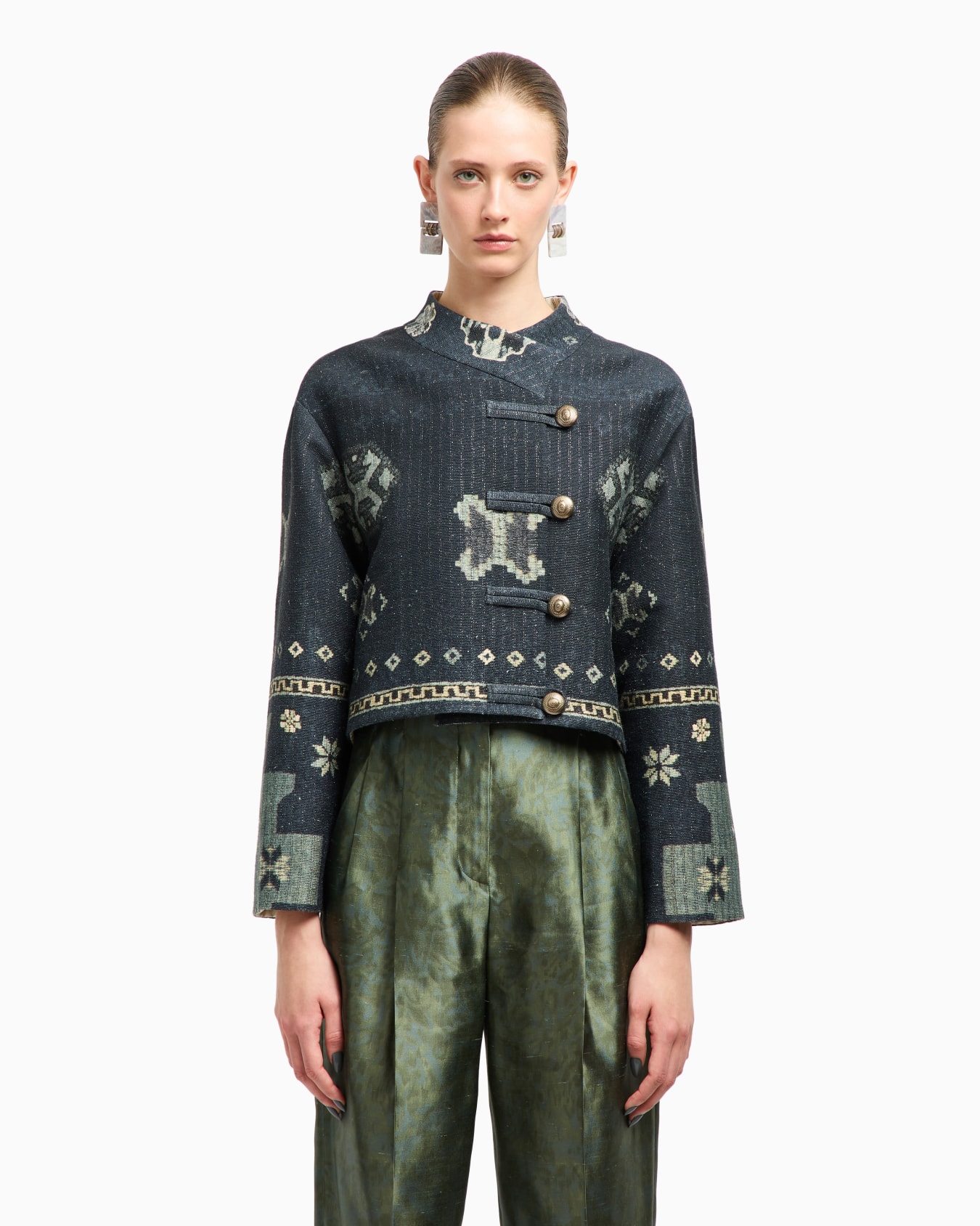 Printed tussah silk and cotton pea coat Slide 3
