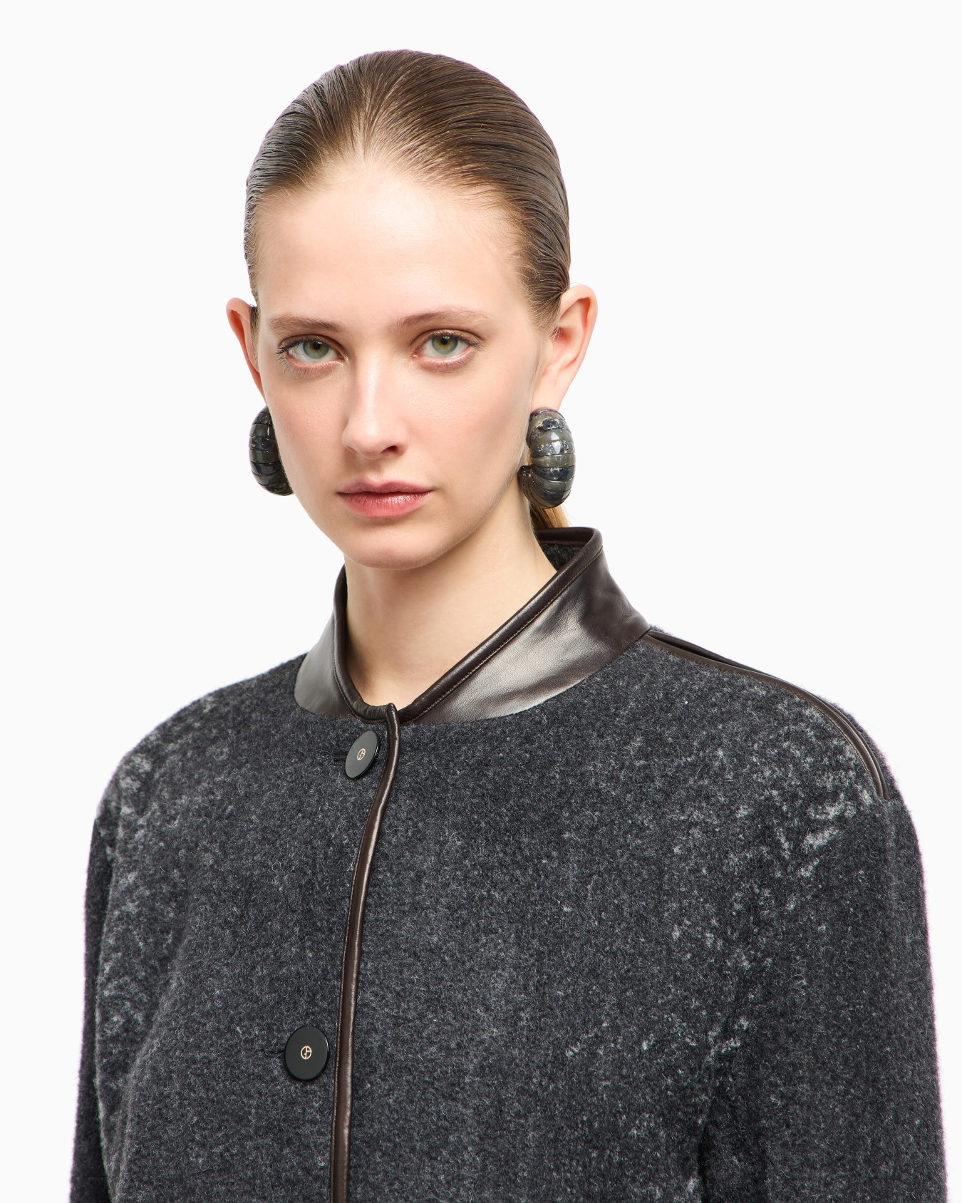 Chevron bouclé wool and leather pea coat Slide 5
