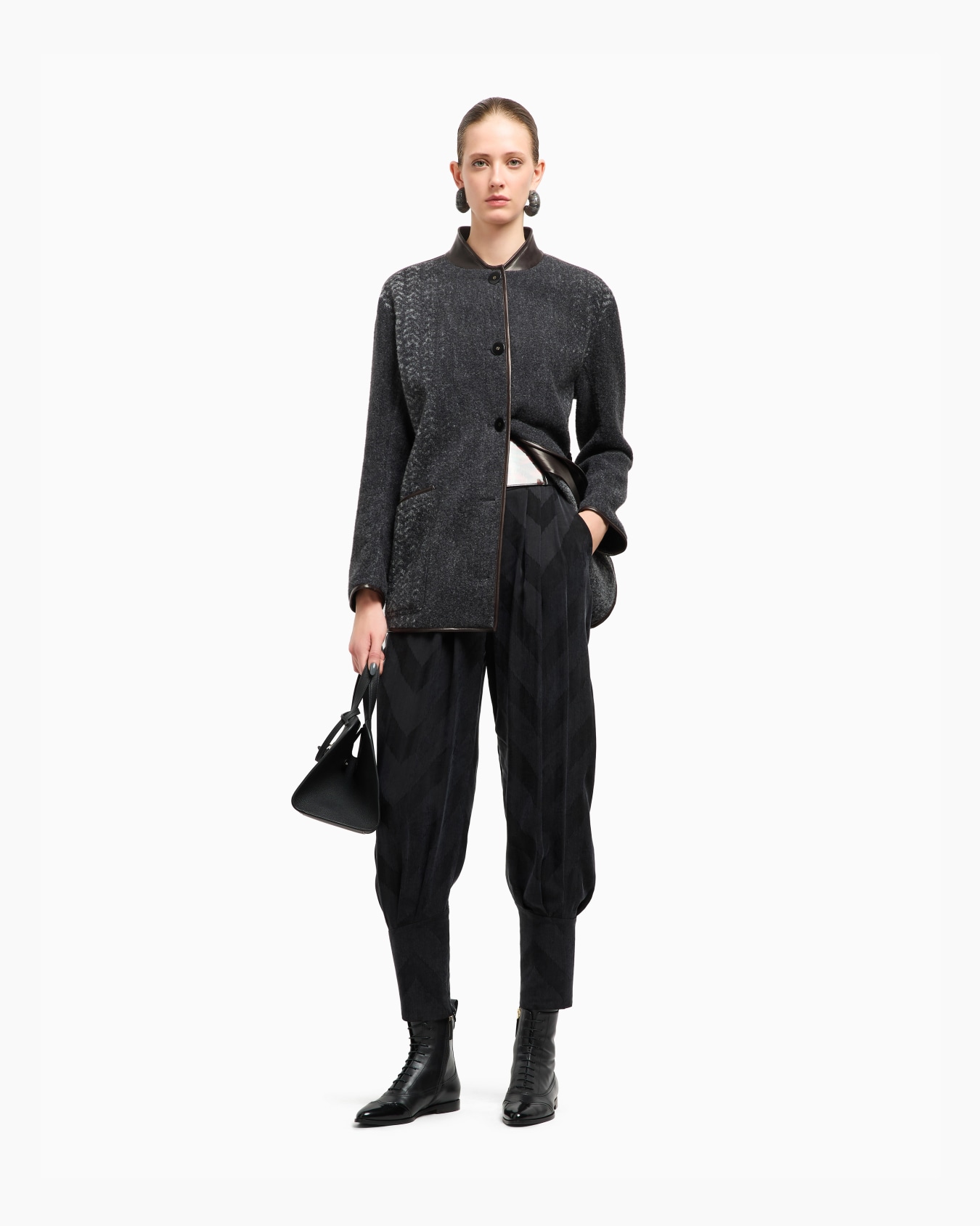 Chevron bouclé wool and leather pea coat Slide 2