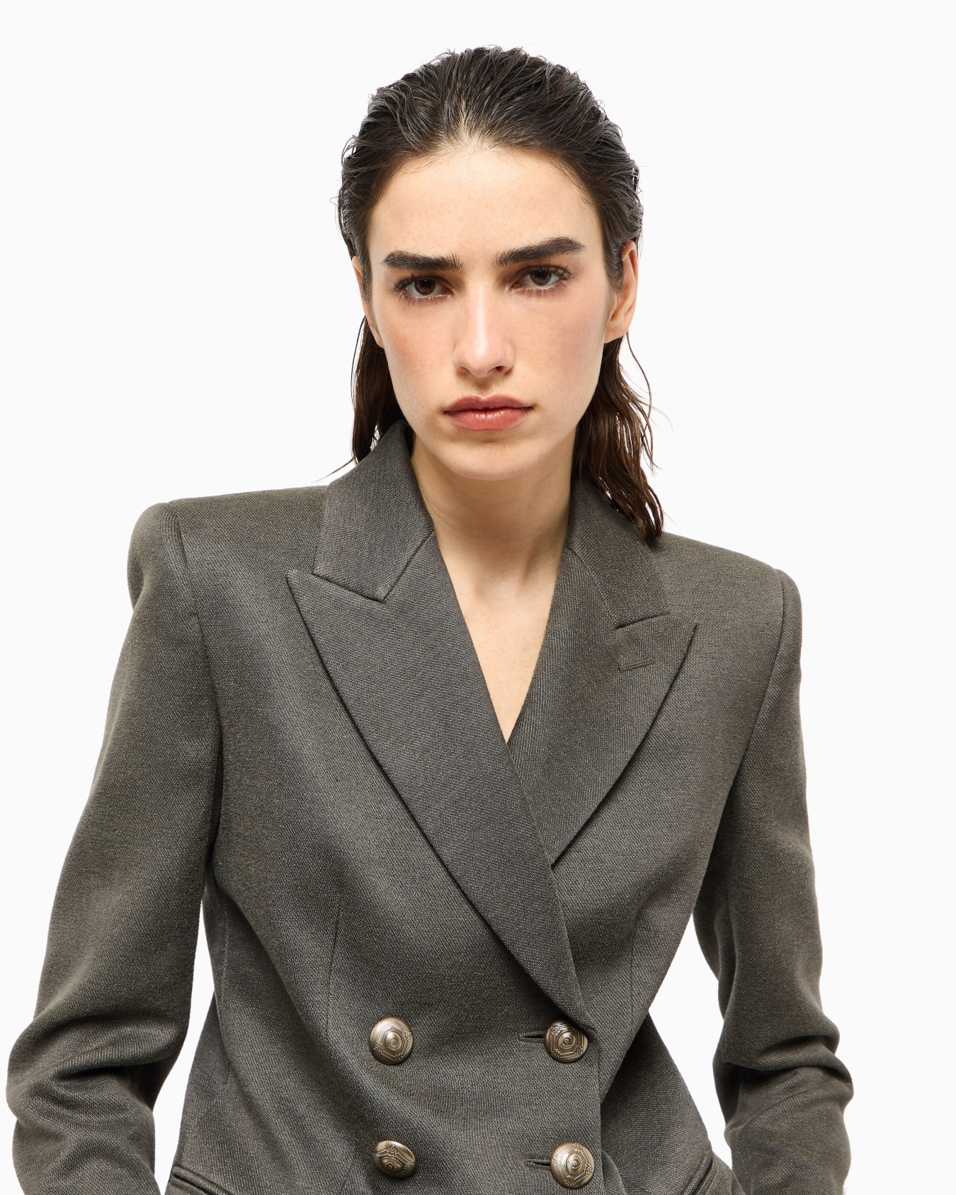 Double-breasted jacket in silk, viscose and cotton drill Slide 5