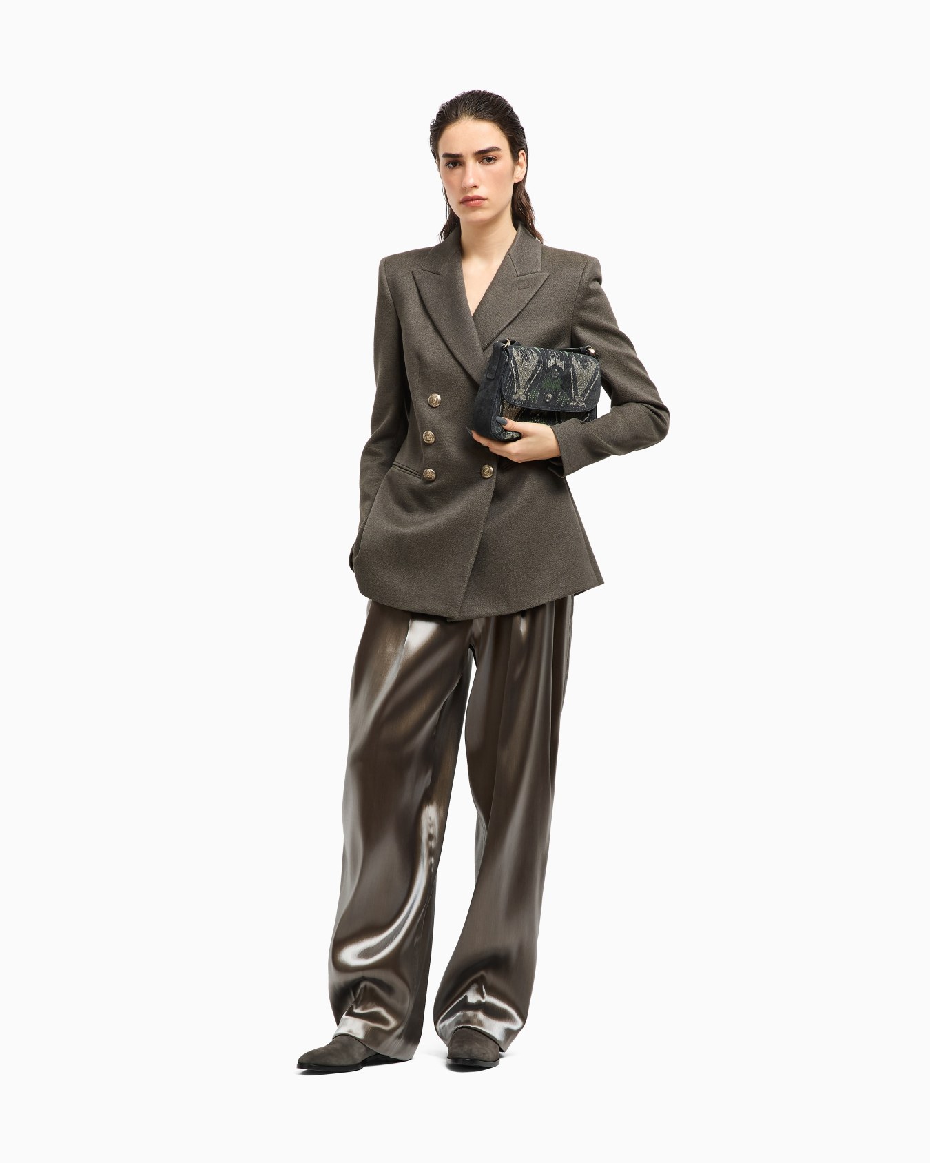 Double-breasted jacket in silk, viscose and cotton drill Slide 2