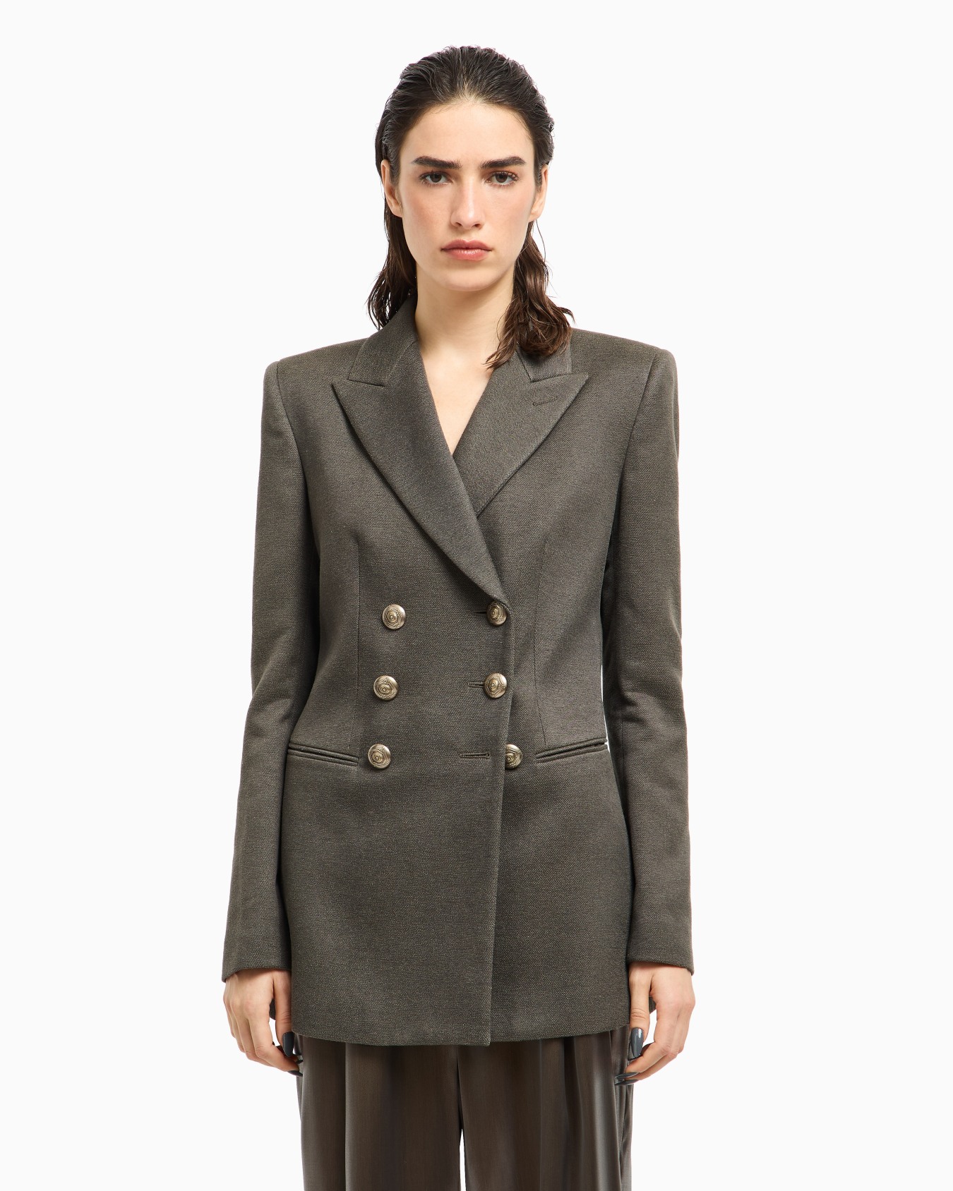 Double-breasted jacket in silk, viscose and cotton drill Slide 4
