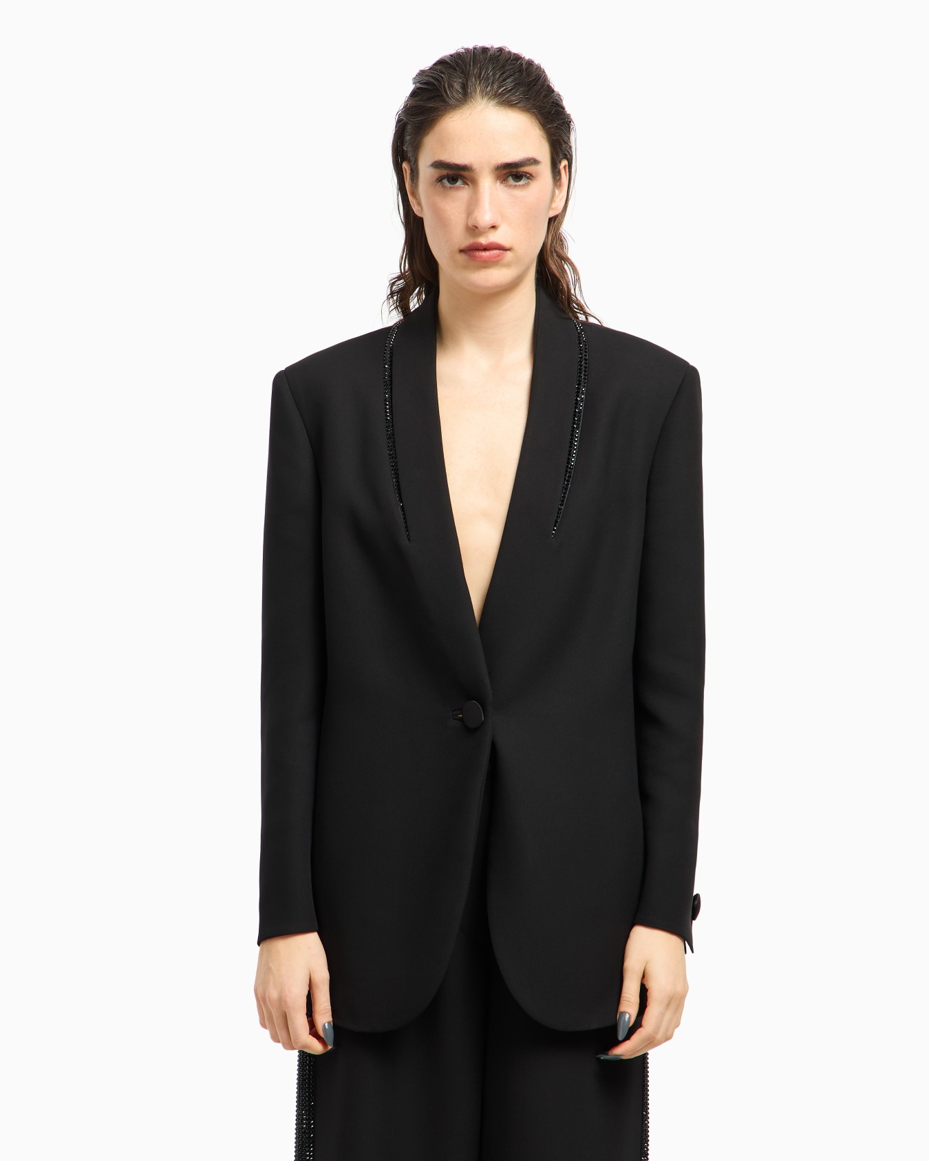 Veste à simple boutonnage en soie avec broderie en strass Diapositive 4