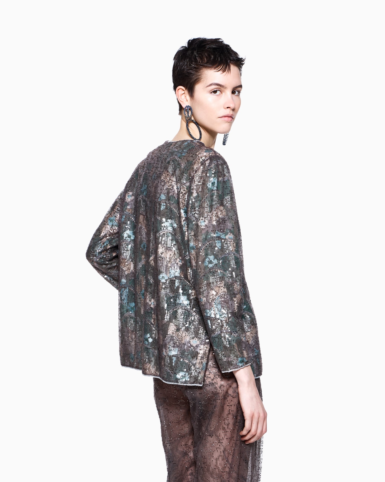 Giacca camicia in seta e tulle ricamata Slide 3